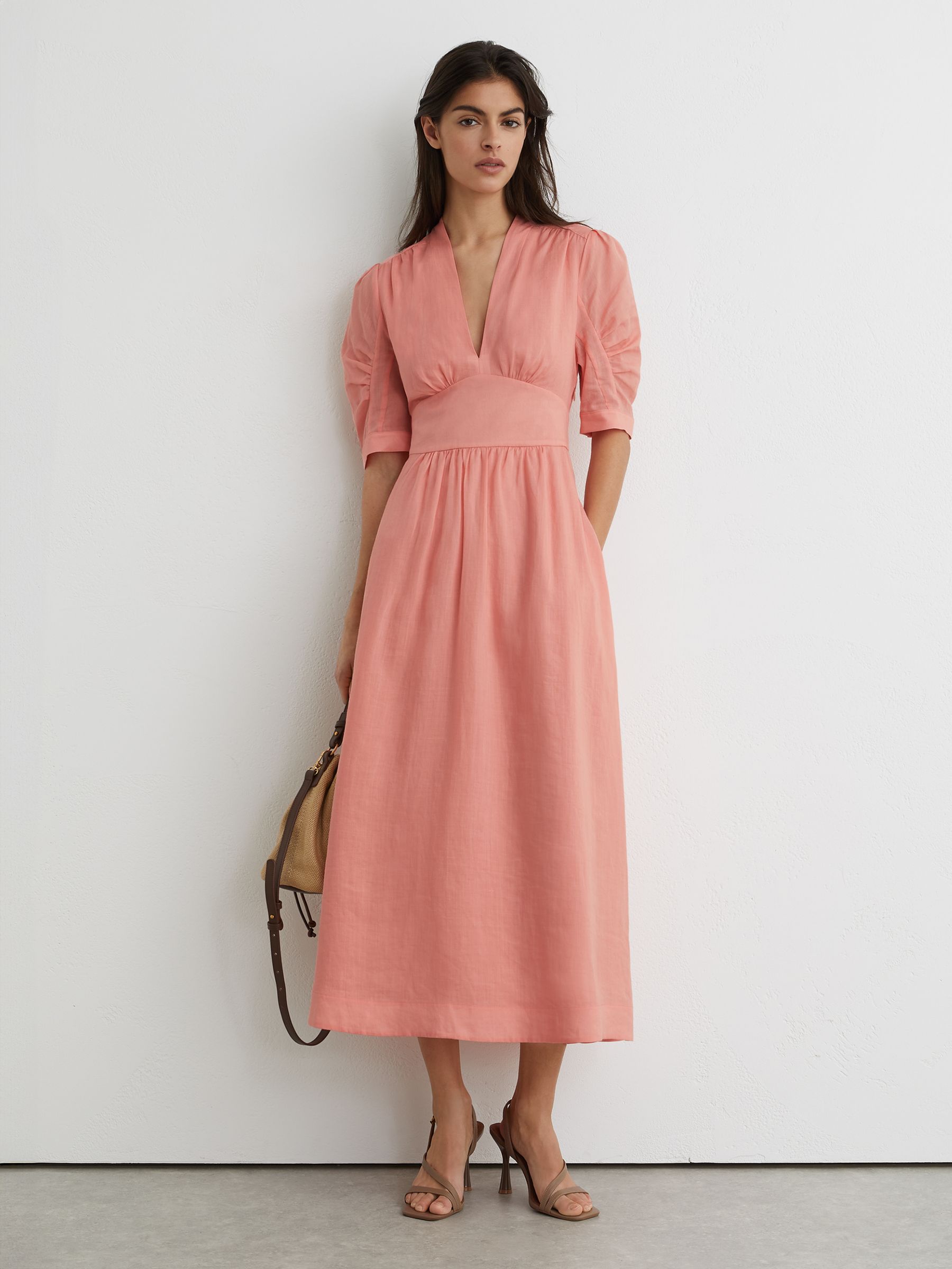 Short-Sleeve Waisted Midi Dress in Pink - Image 1 of 7