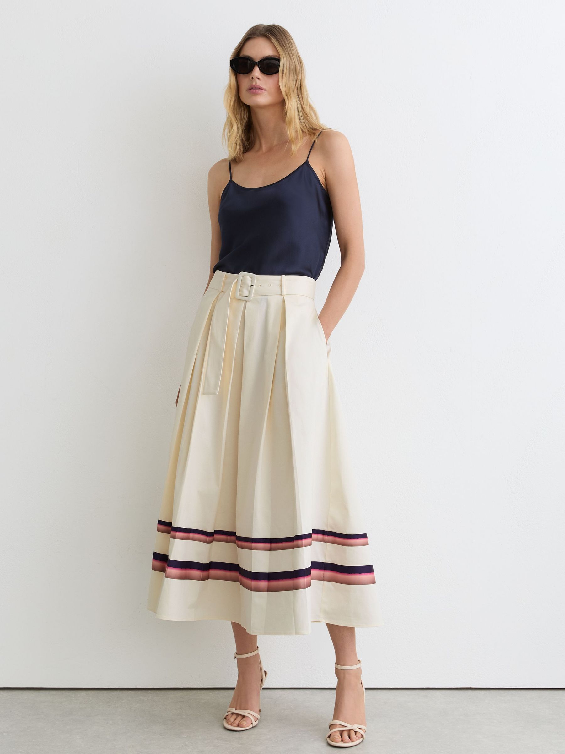 Cotton Stripe-Detail Belted Midi Skirt in Cream - image 2