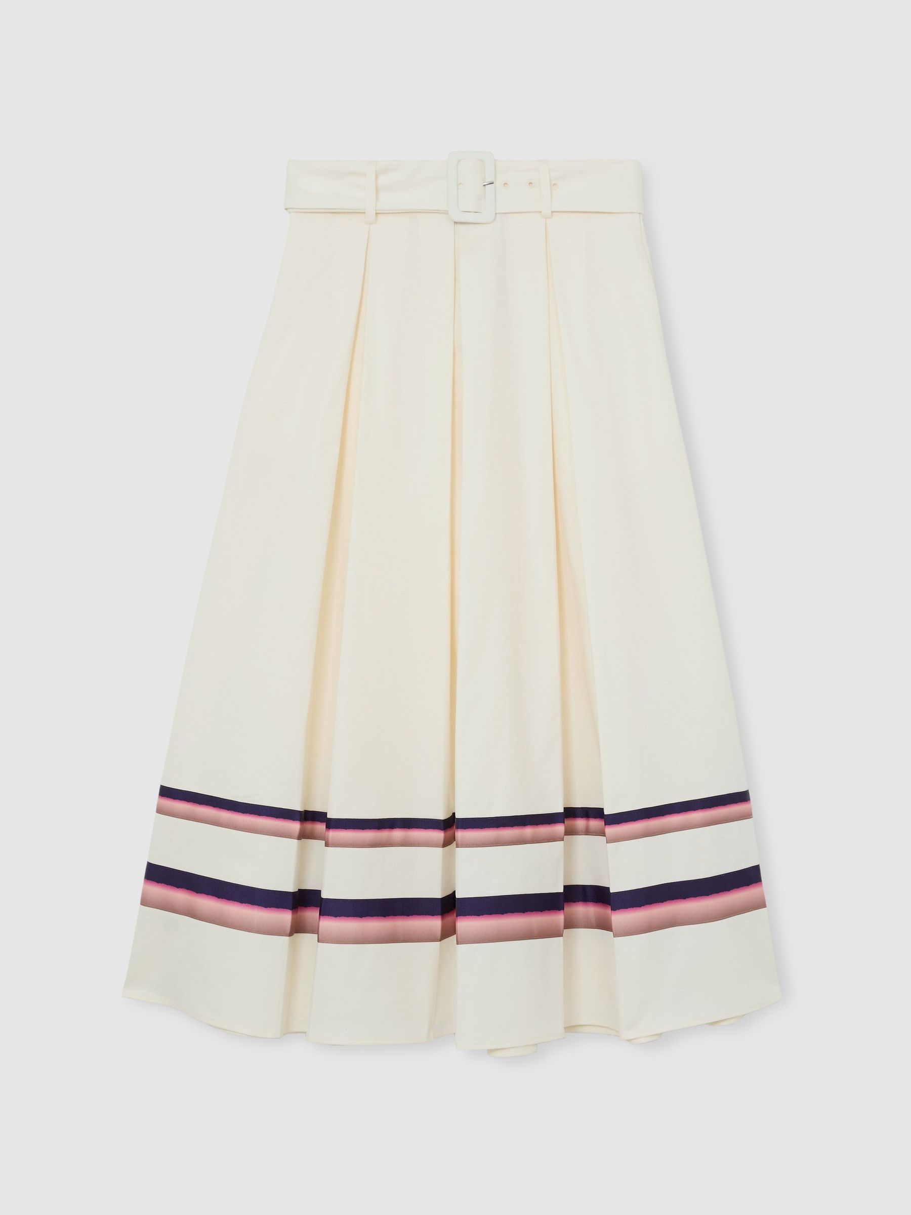 Cotton Stripe-Detail Belted Midi Skirt in Cream - image 1