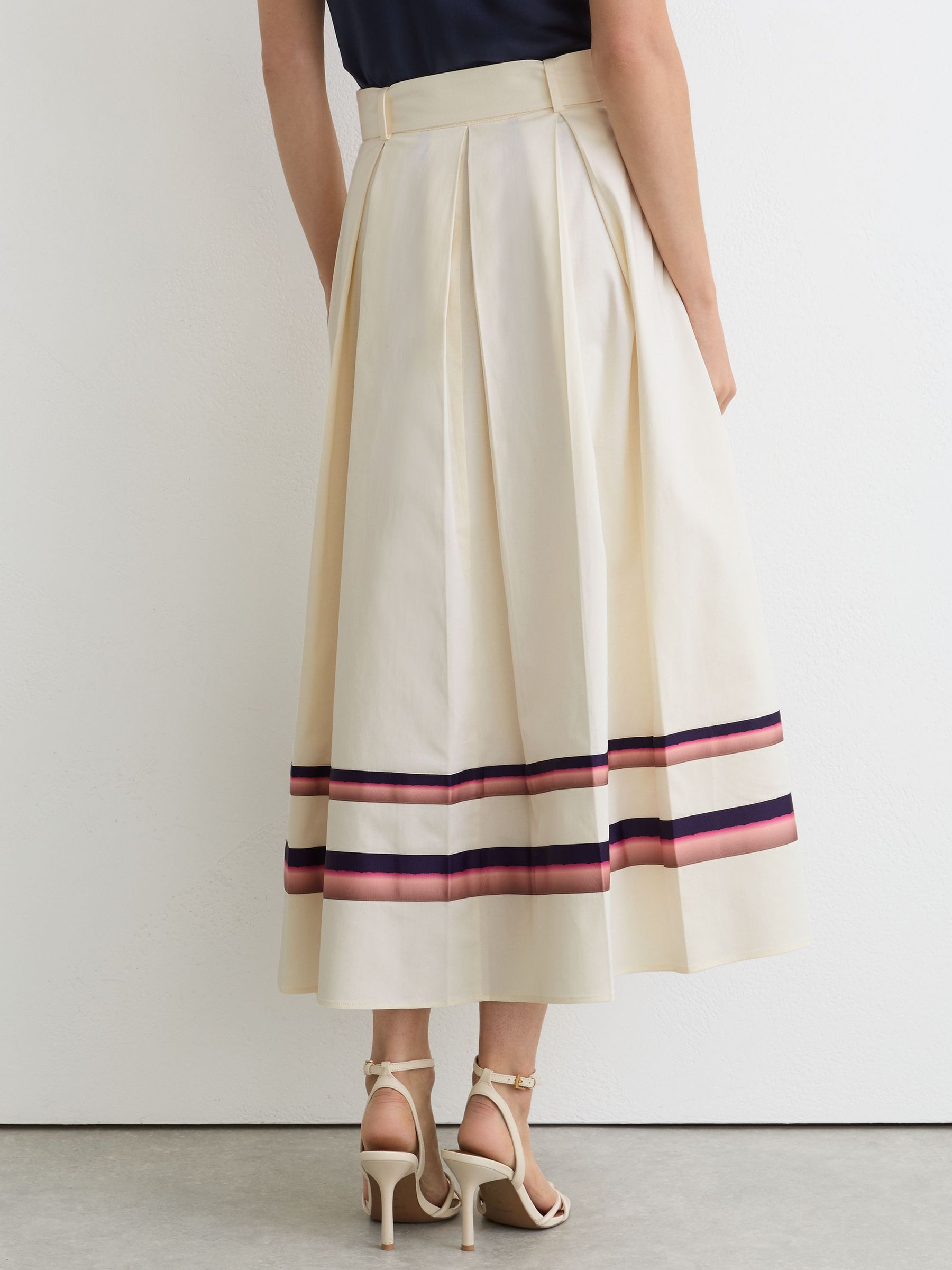 Cotton Stripe-Detail Belted Midi Skirt in Cream - image 3