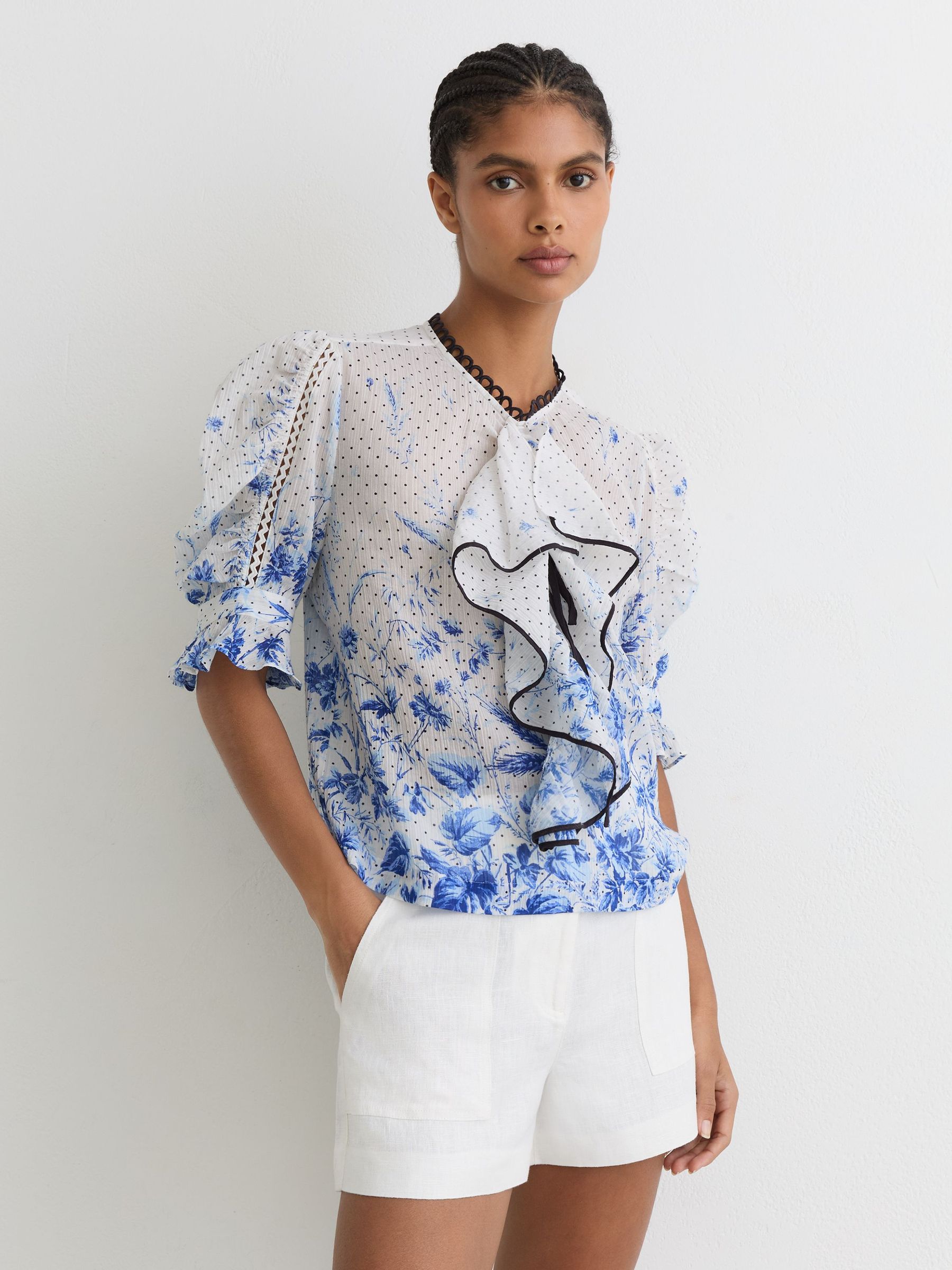 Cotton Floral-Print Ruffle Blouse in Ivory/Blue - Image 1 of 6