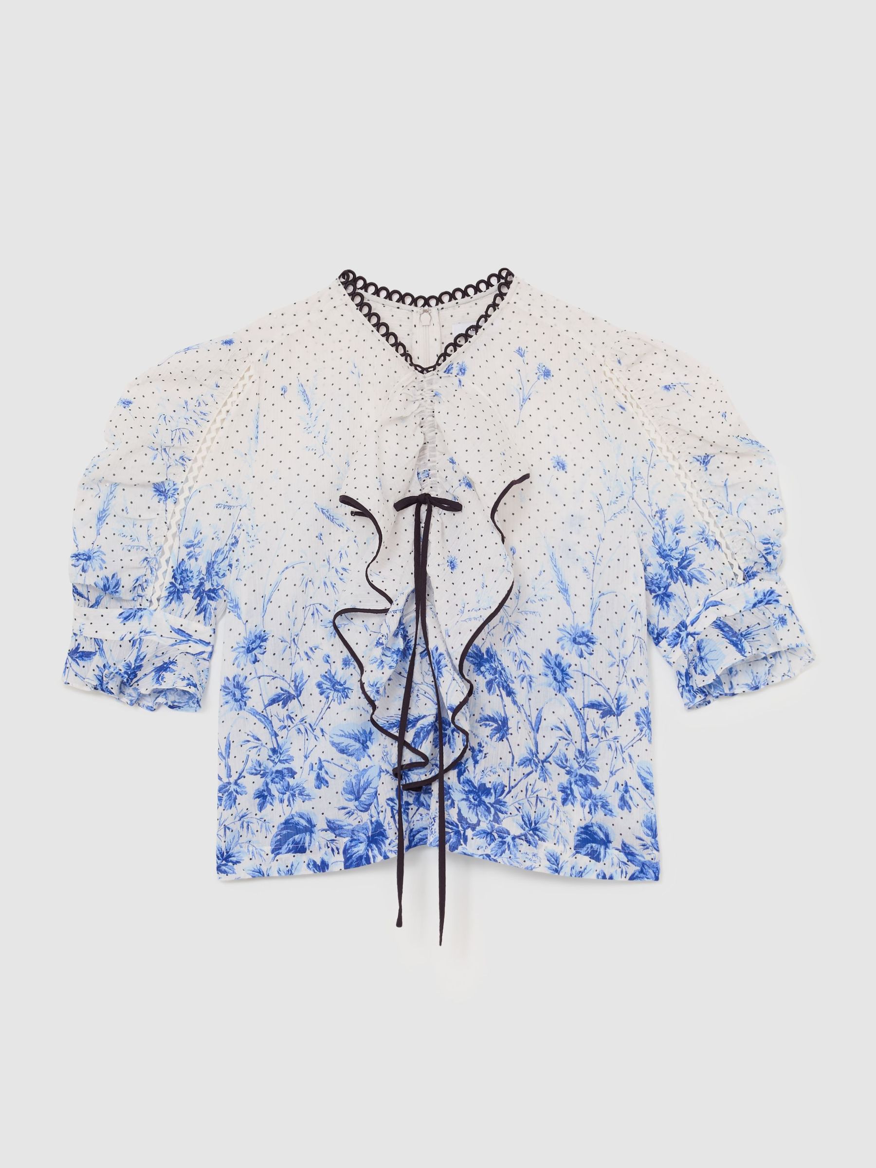 Cotton Floral-Print Ruffle Blouse in Ivory/Blue - image 1