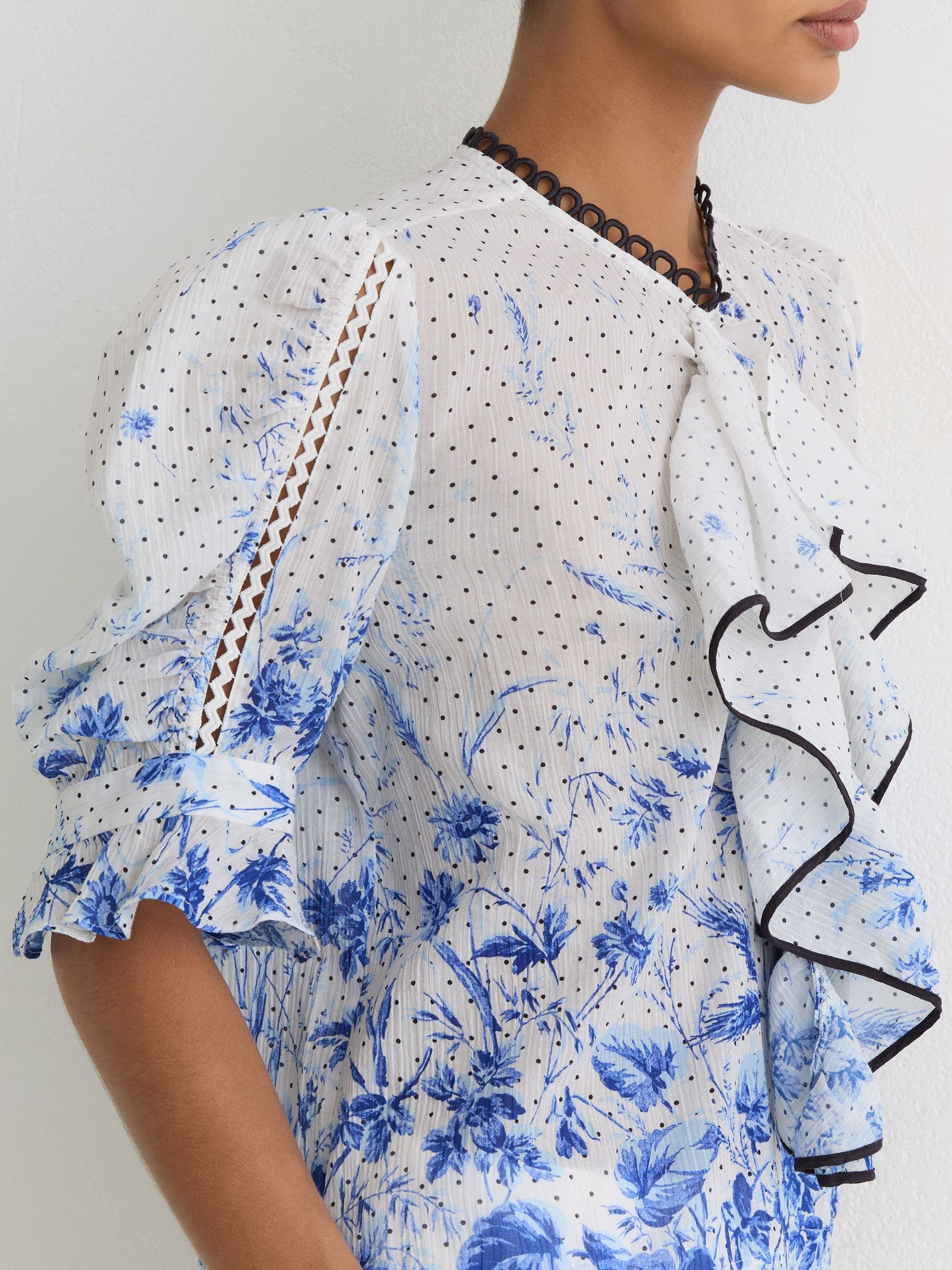 Cotton Floral-Print Ruffle Blouse in Ivory/Blue - image 5