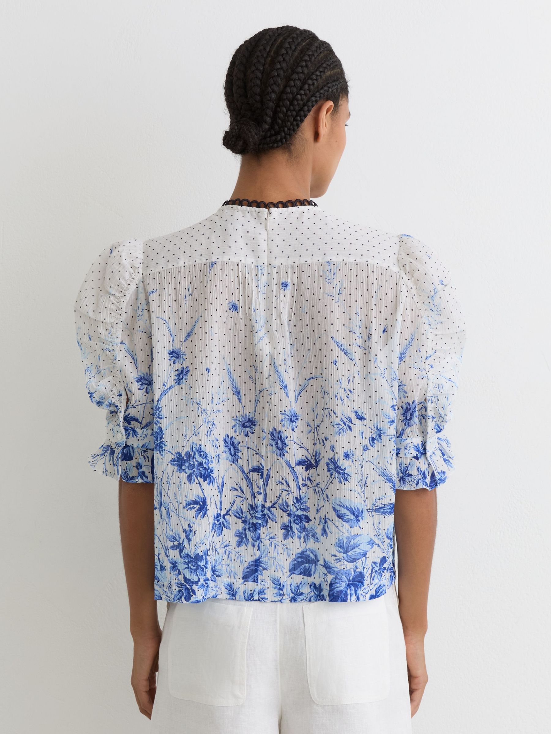 Cotton Floral-Print Ruffle Blouse in Ivory/Blue - image 4