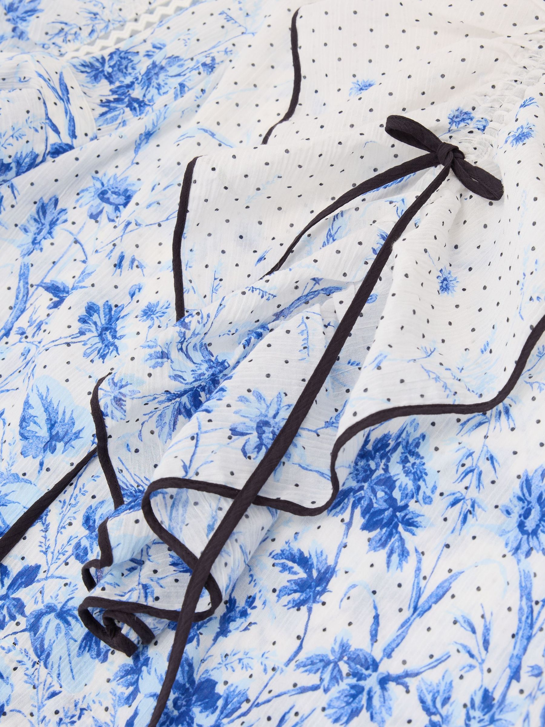 Cotton Floral-Print Ruffle Blouse in Ivory/Blue - image 3