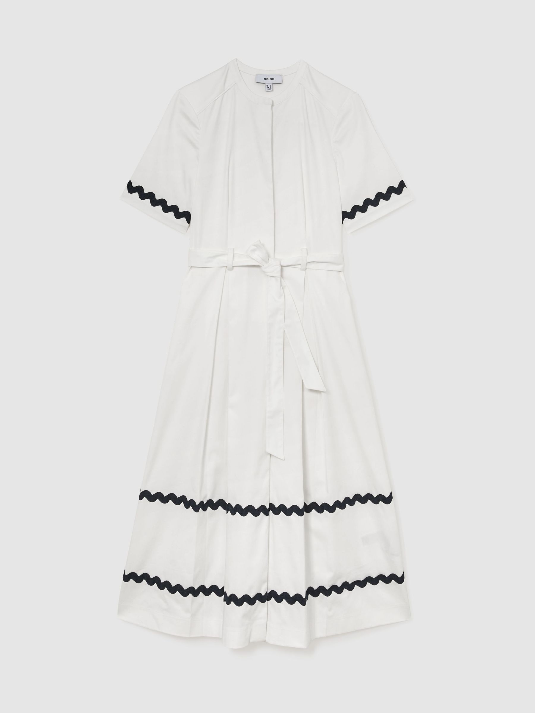 Stretch-Cotton Wave-Trim Midi Dress in Ivory/Navy - image 1