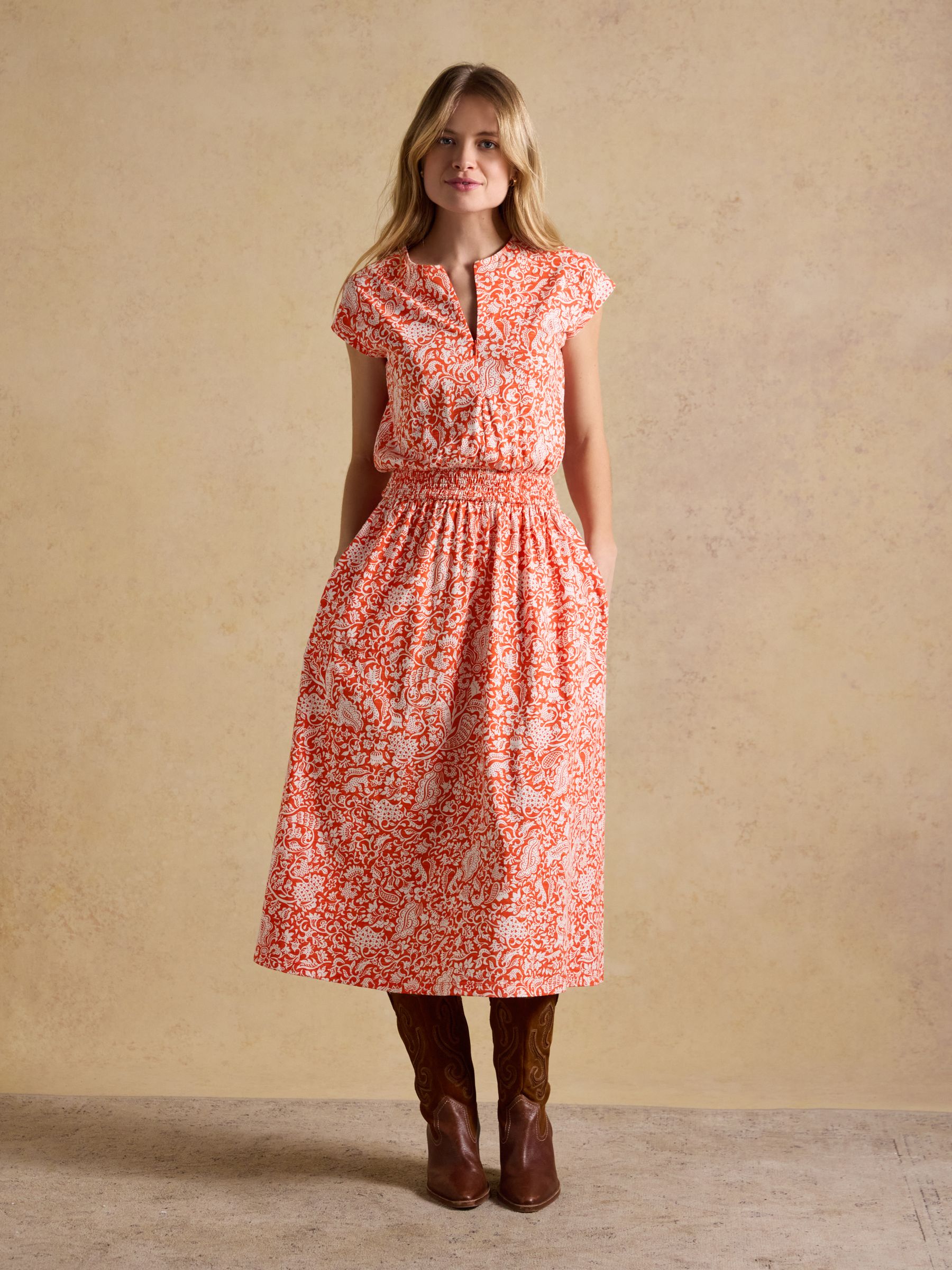 Lilia Red Jersey Smocked Waist Midi Dress - Image 6 of 8