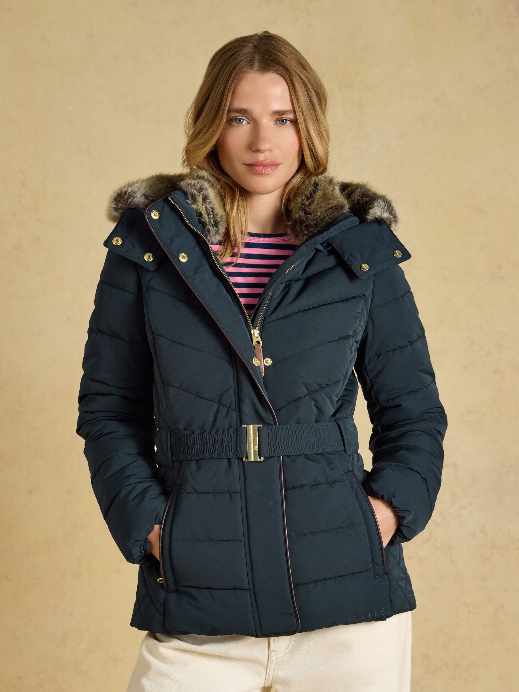 Aspen Navy Showerproof Padded Coat with Faux Fur Hood - Image 1 of 11