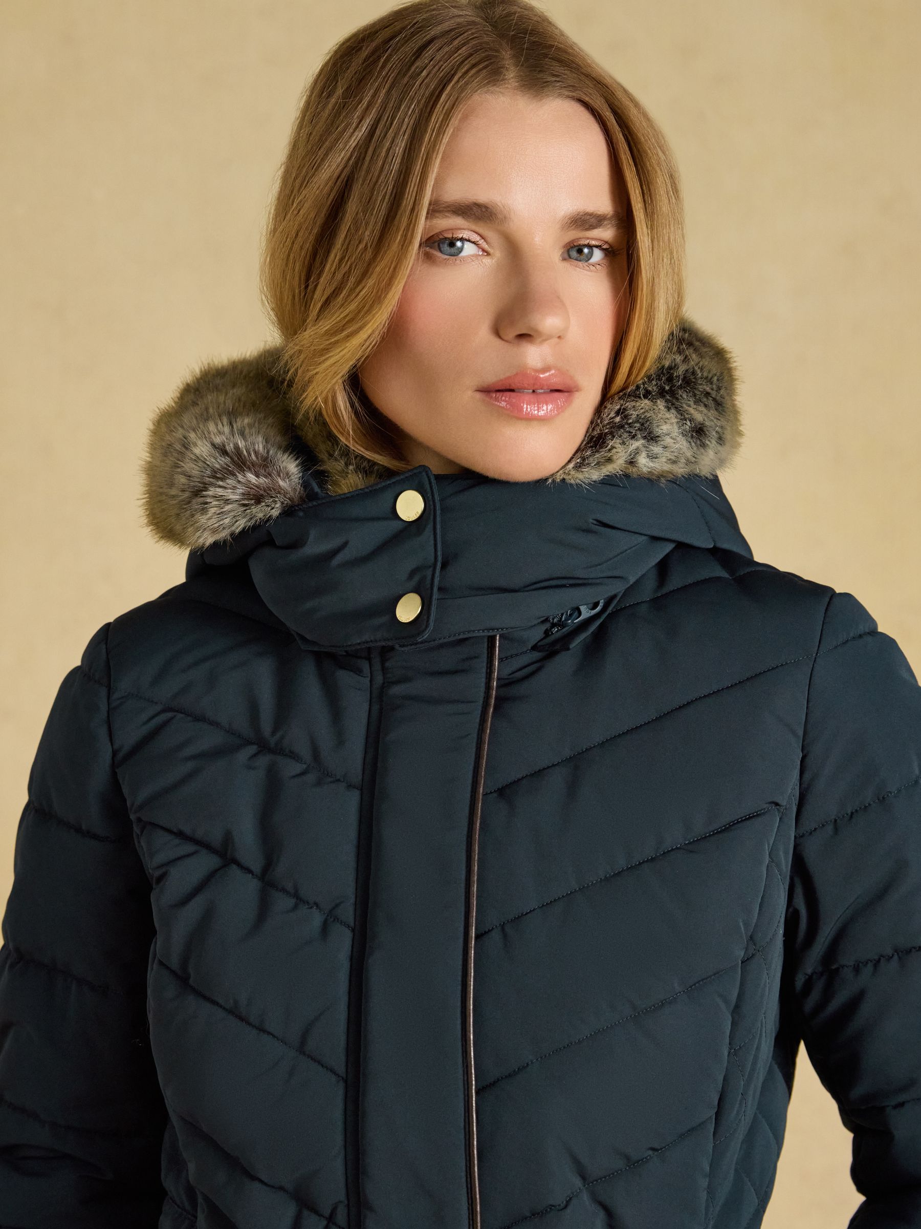 Aspen Navy Showerproof Padded Coat with Faux Fur Hood - Image 10 of 11