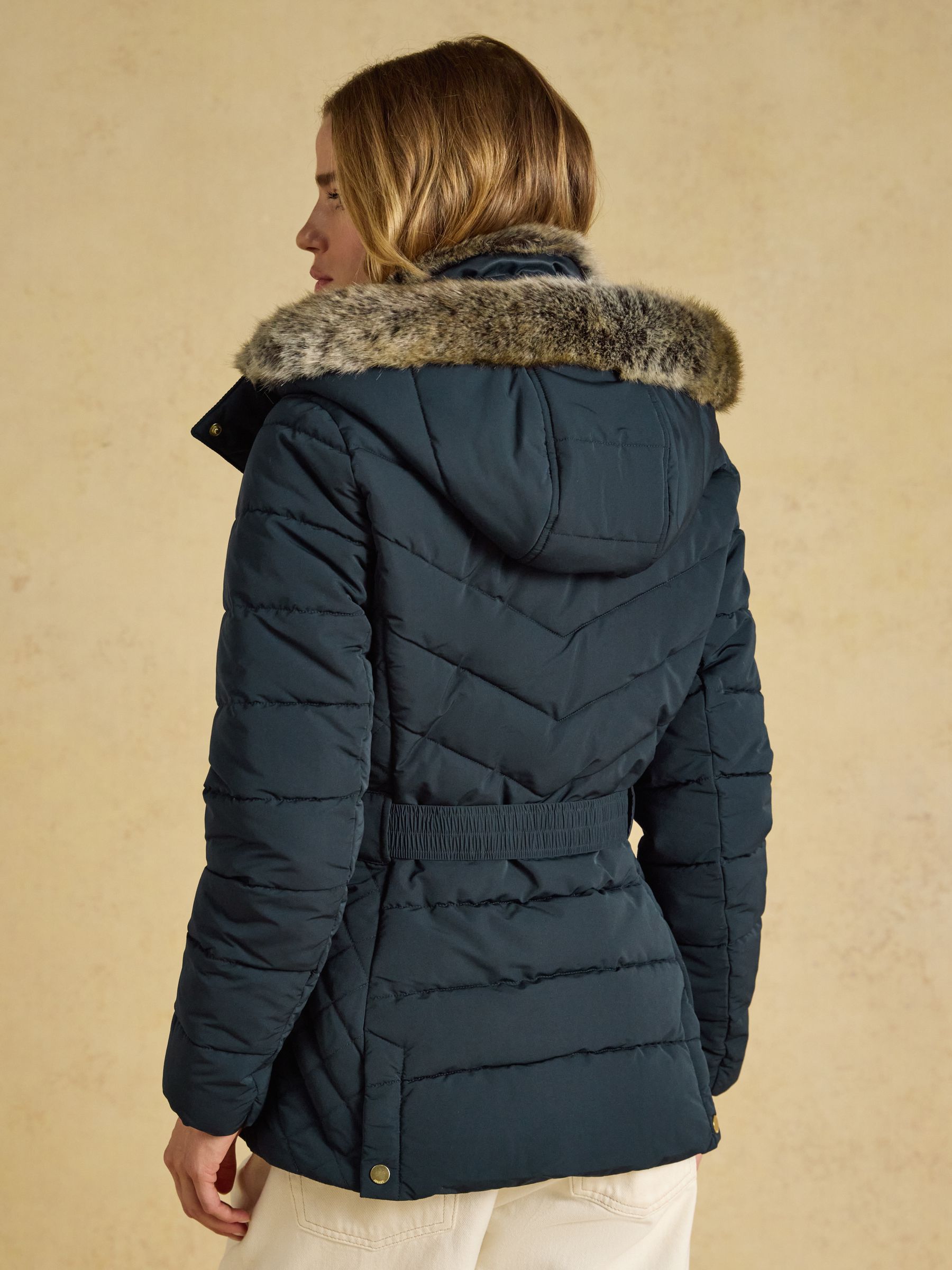 Aspen Navy Showerproof Padded Coat with Faux Fur Hood - Image 2 of 11