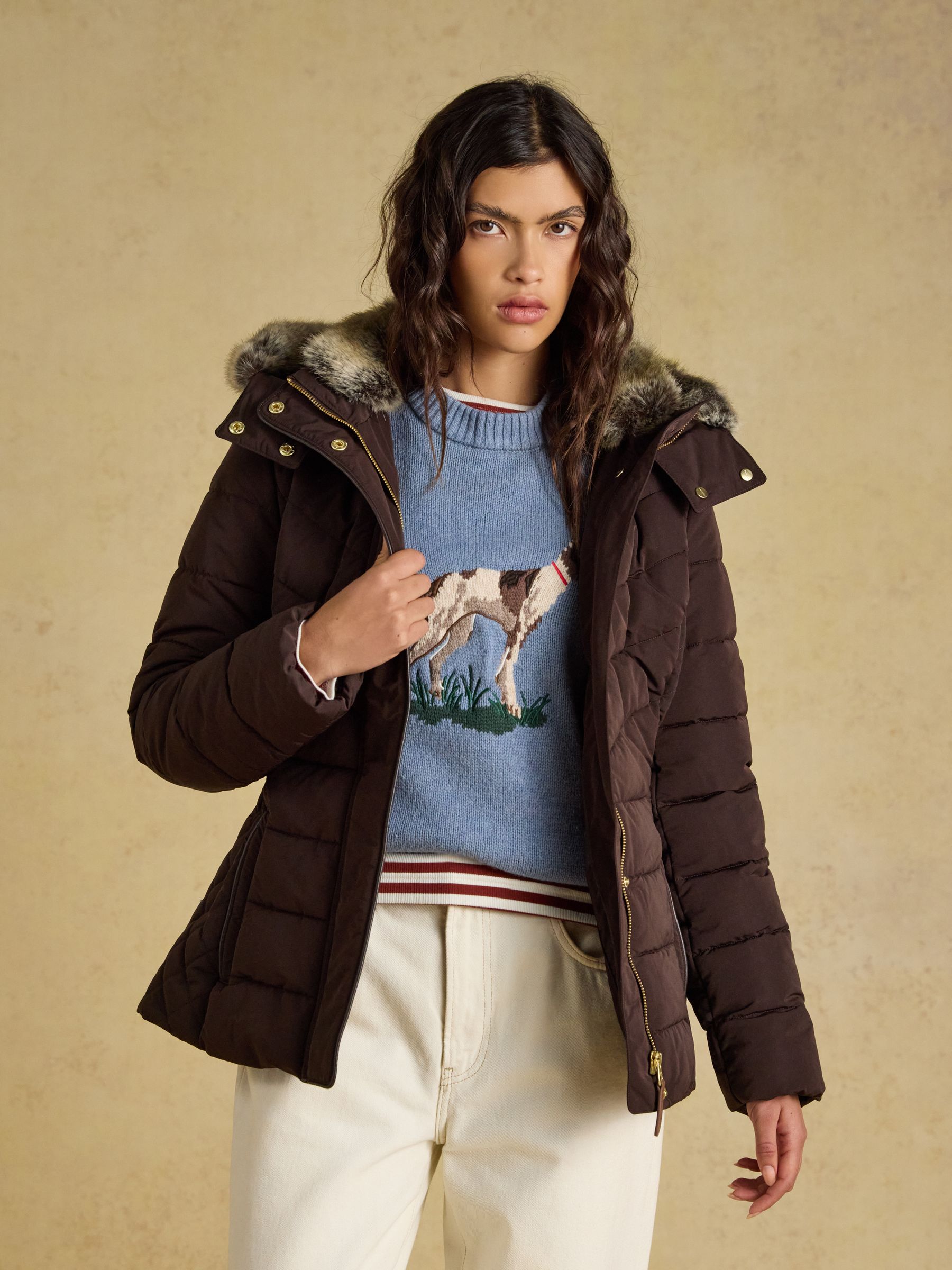 Aspen Chocolate Brown Showerproof Padded Coat with Faux Fur Hood - Image 3 of 13