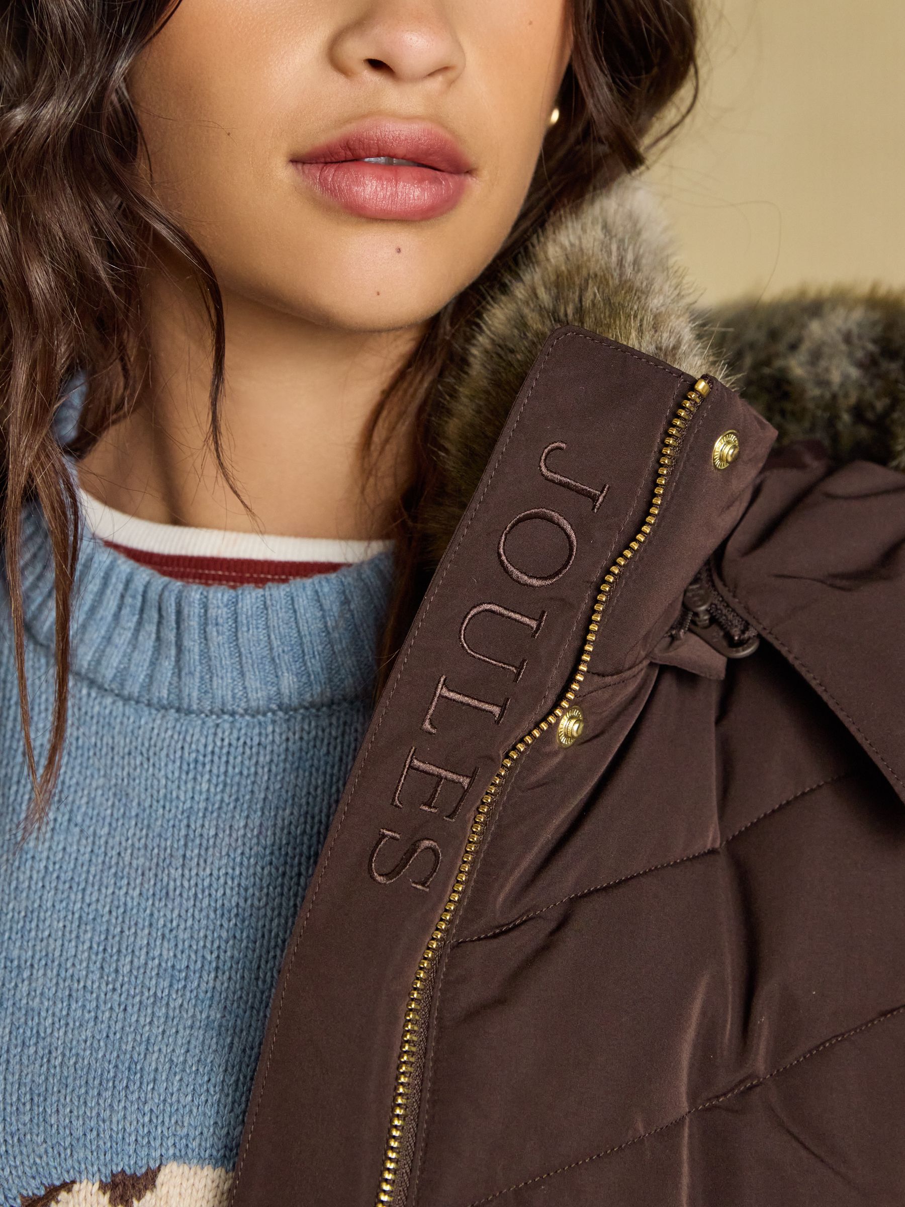 Aspen Chocolate Brown Showerproof Padded Coat with Faux Fur Hood - Image 4 of 13