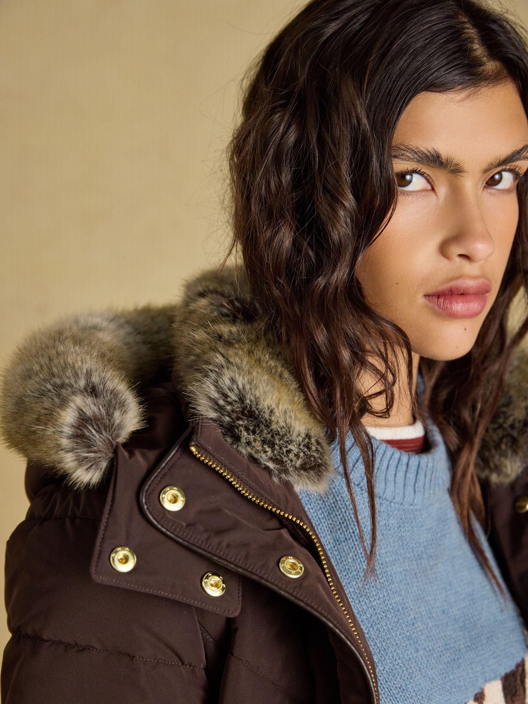 Aspen Chocolate Brown Showerproof Padded Coat with Faux Fur Hood - Image 8 of 13