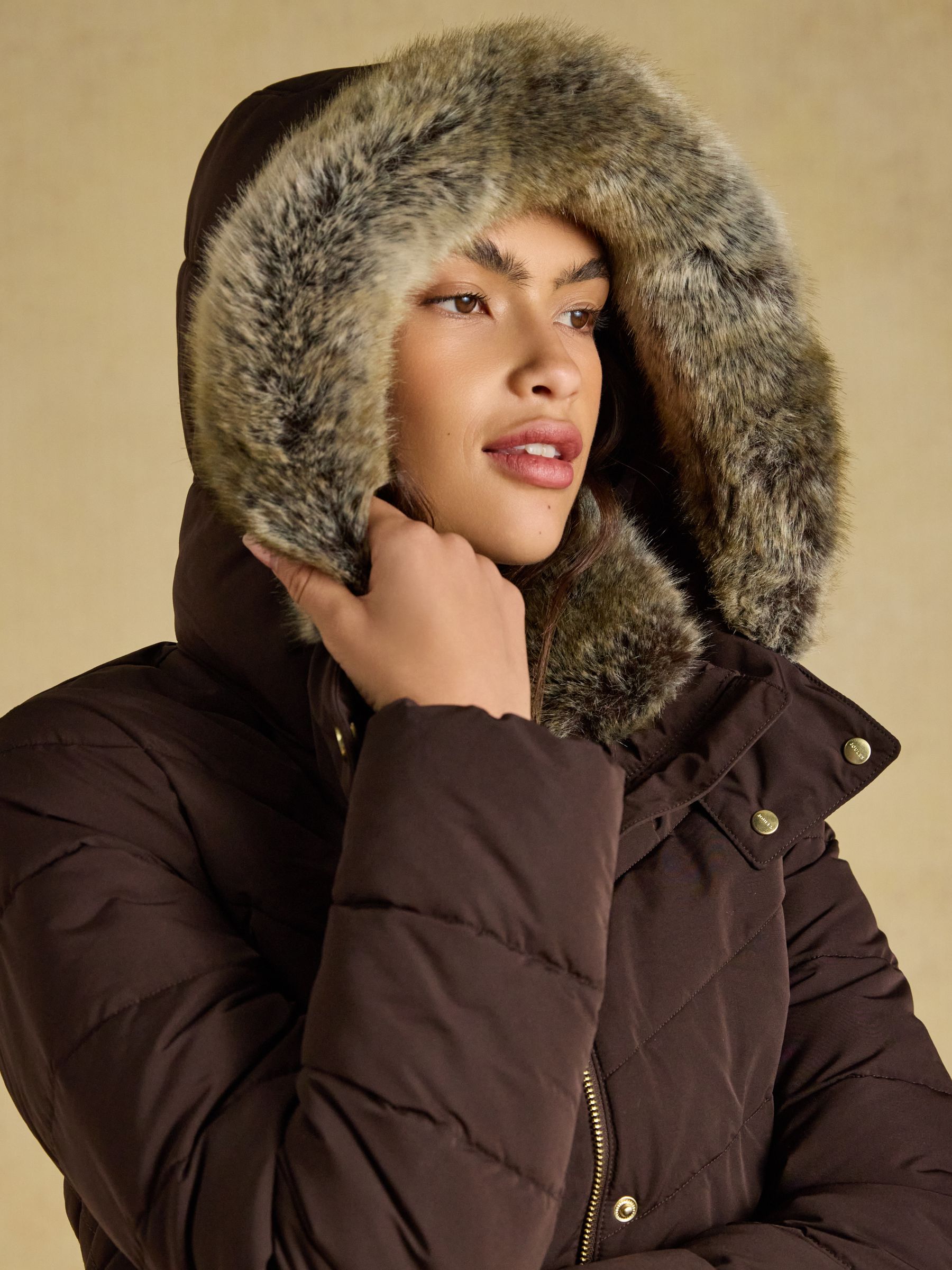 Aspen Chocolate Brown Showerproof Padded Coat with Faux Fur Hood - Image 9 of 13