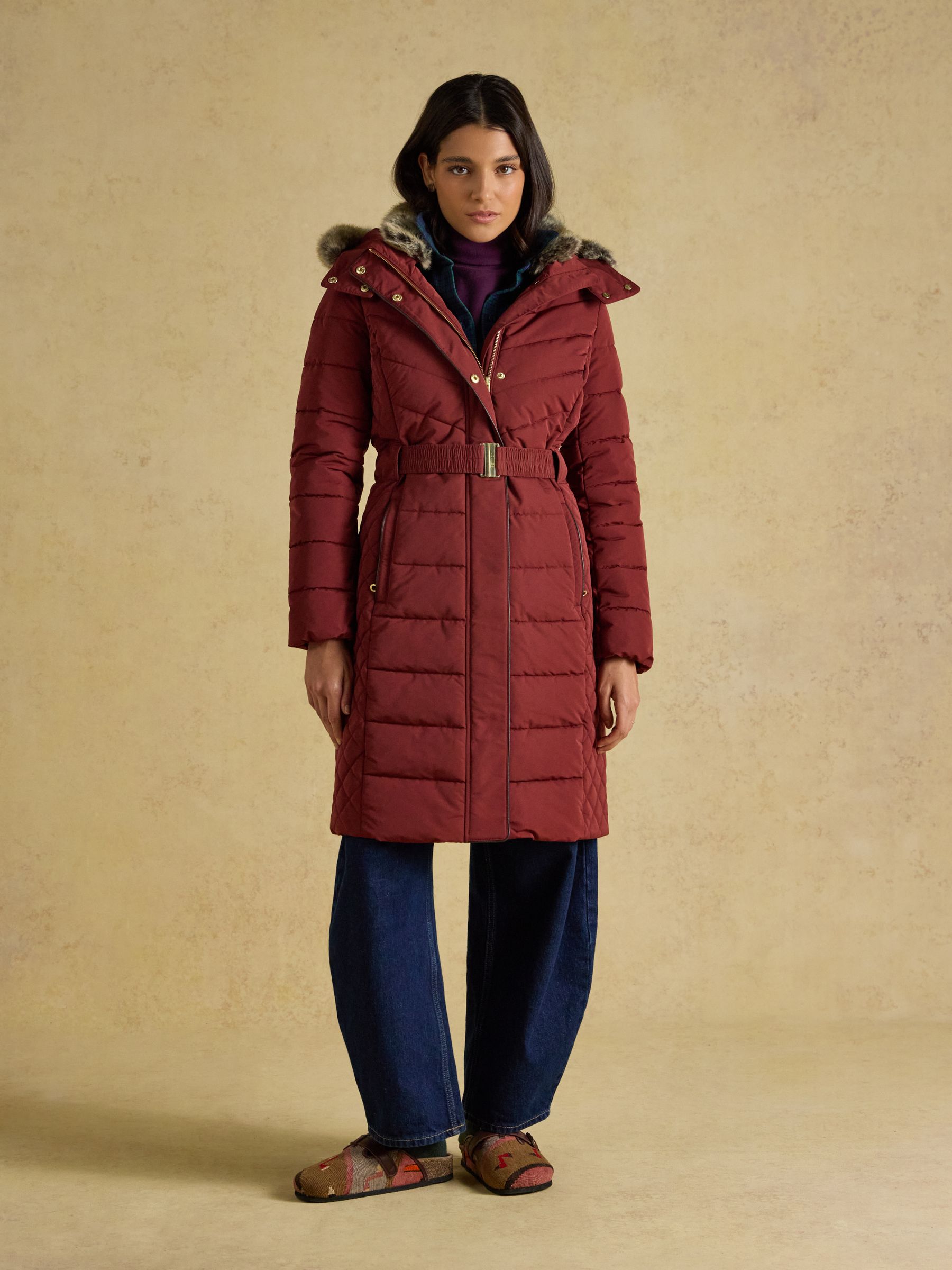 Aspen Rust Brown Showerproof Longline Padded Coat with Faux Fur Hood - Image 1 of 13