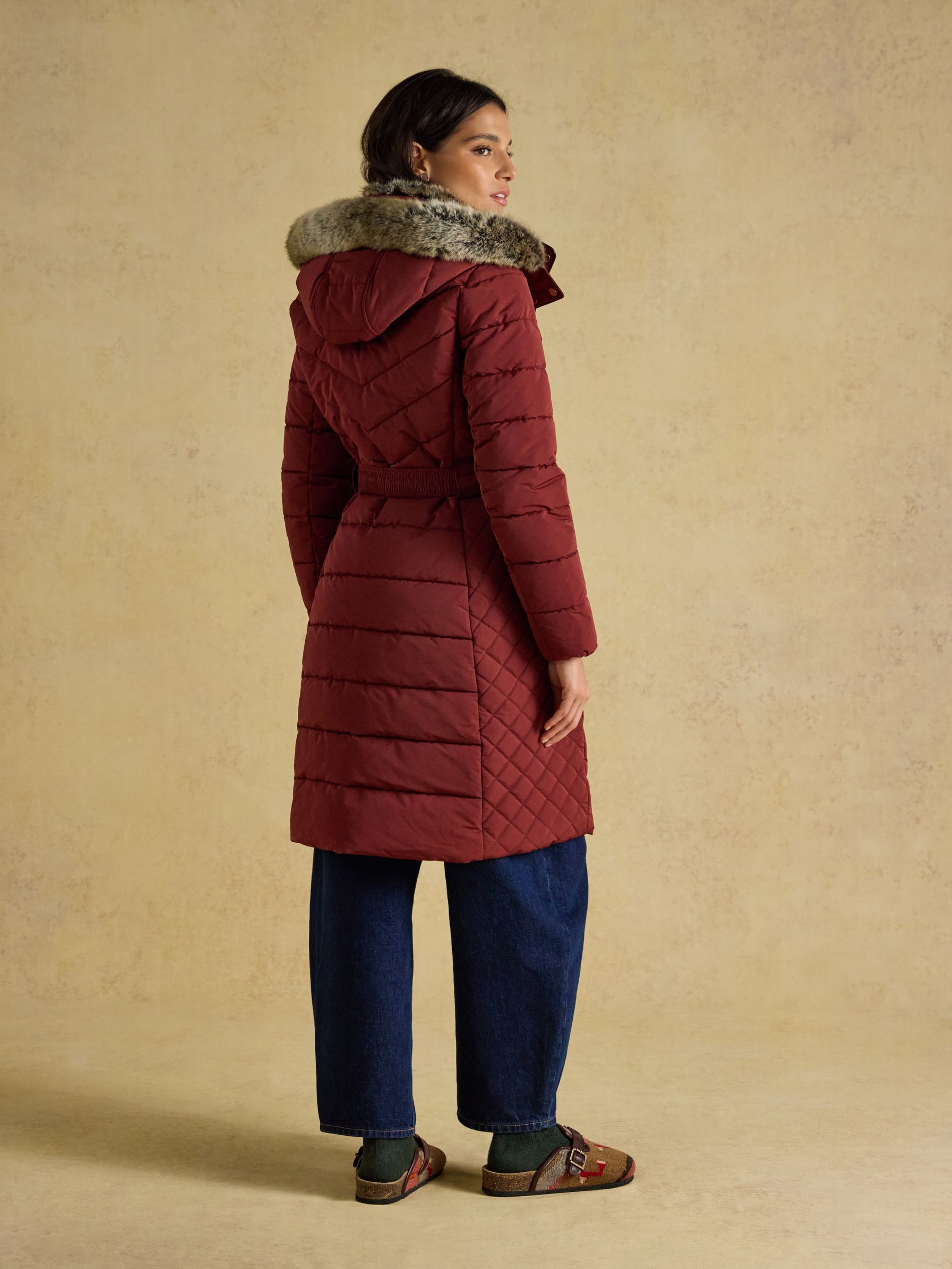 Aspen Rust Brown Showerproof Longline Padded Coat with Faux Fur Hood - Image 2 of 13