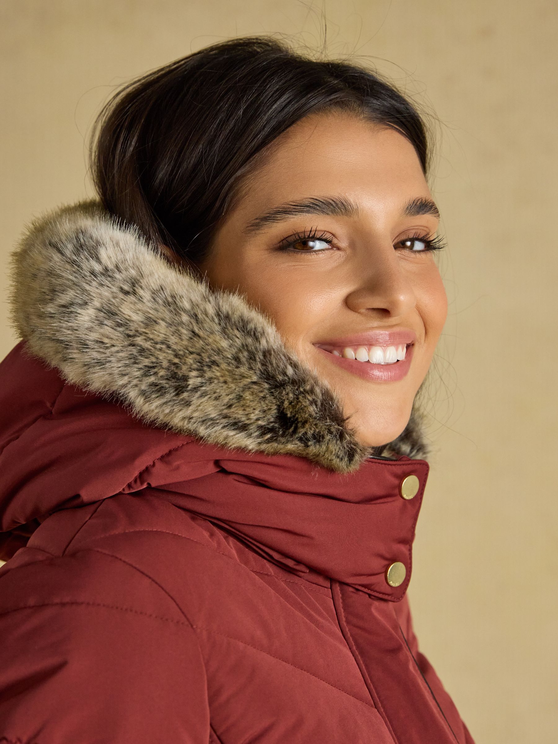 Aspen Rust Brown Showerproof Longline Padded Coat with Faux Fur Hood - Image 3 of 13