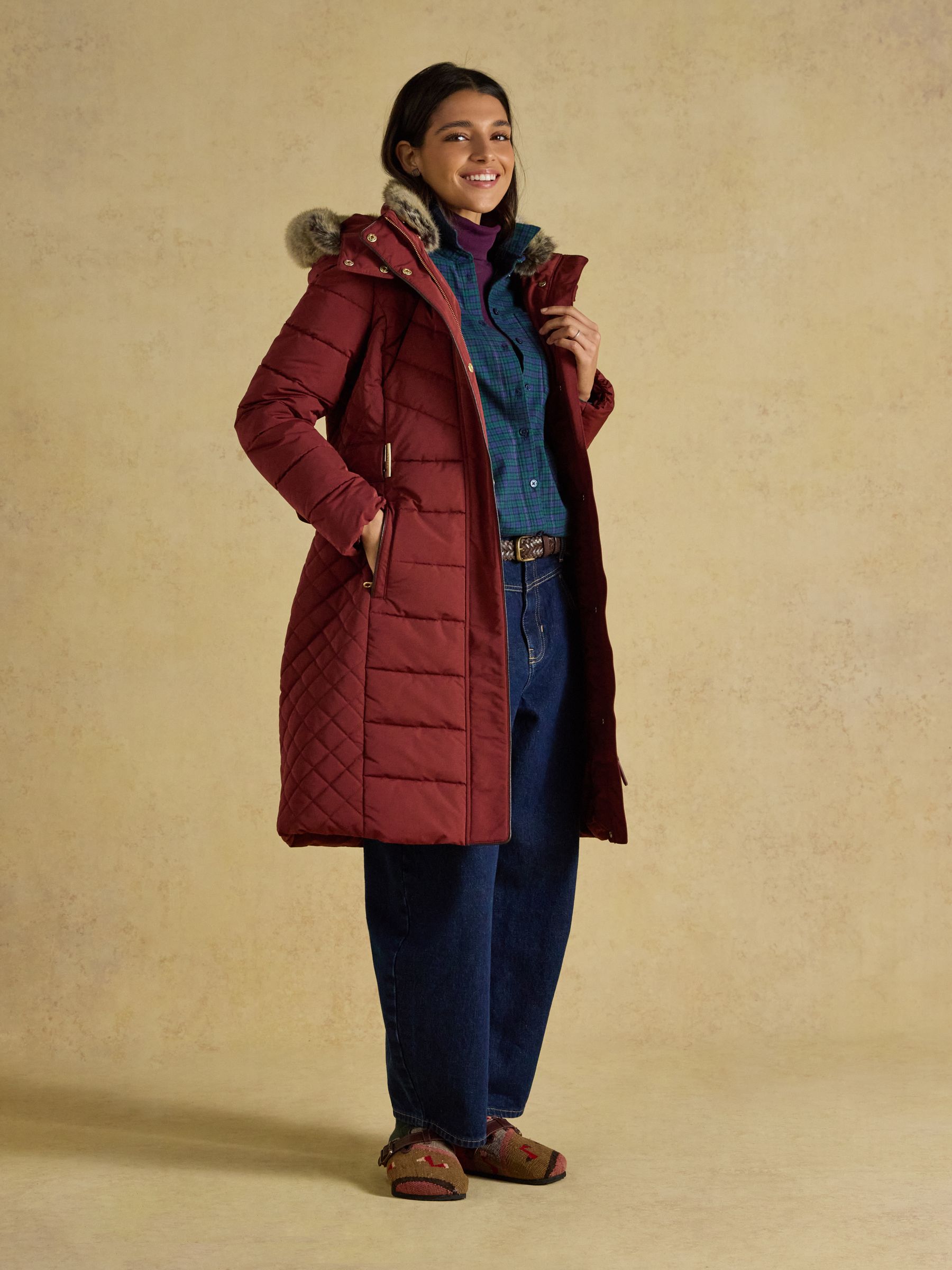 Aspen Rust Brown Showerproof Longline Padded Coat with Faux Fur Hood - Image 4 of 13