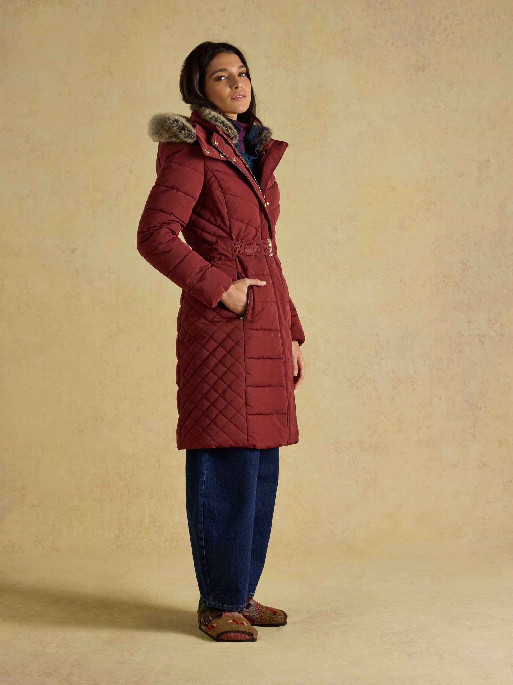 Aspen Rust Brown Showerproof Longline Padded Coat with Faux Fur Hood - Image 7 of 13