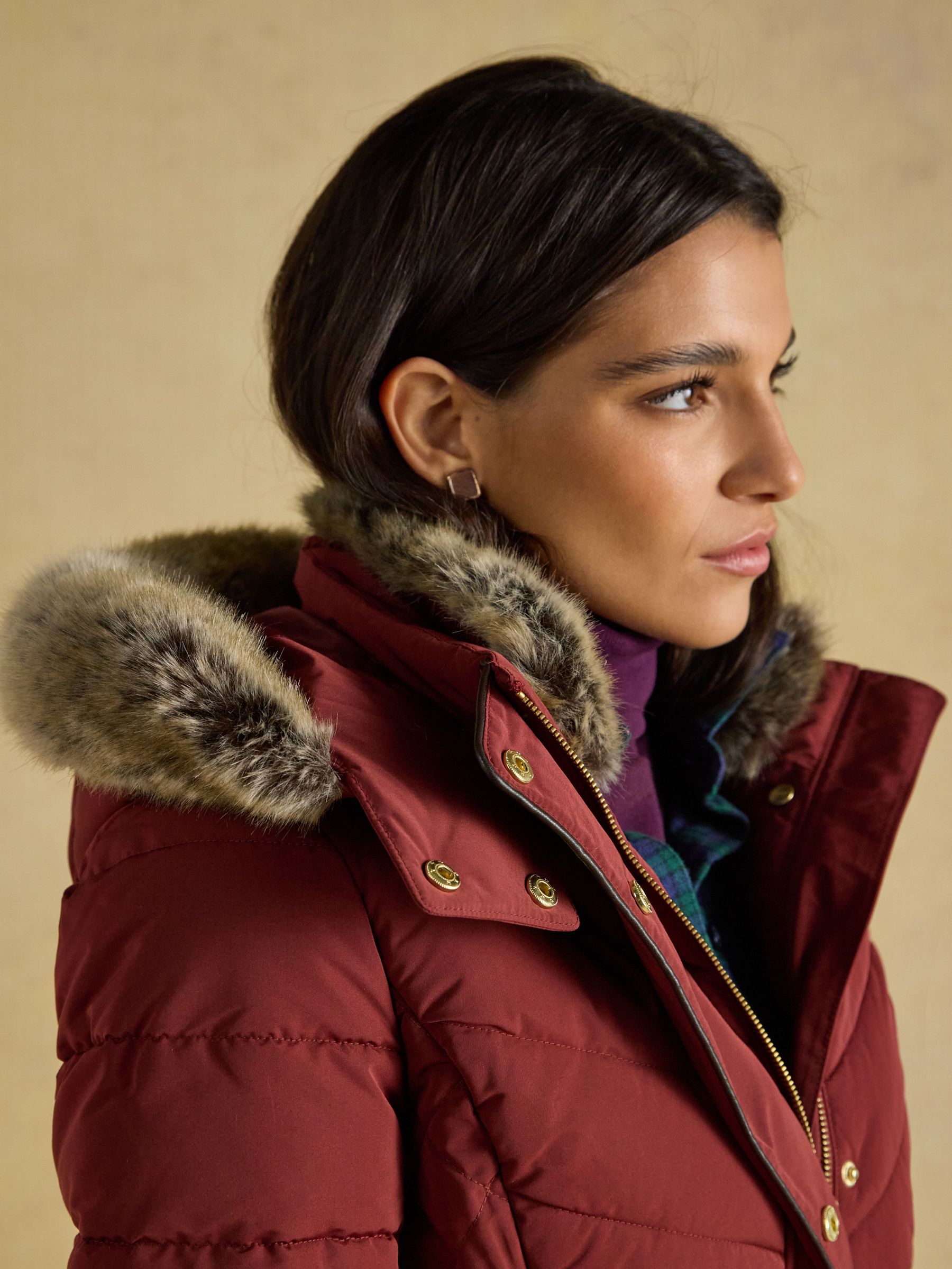 Aspen Rust Brown Showerproof Longline Padded Coat with Faux Fur Hood - Image 9 of 13