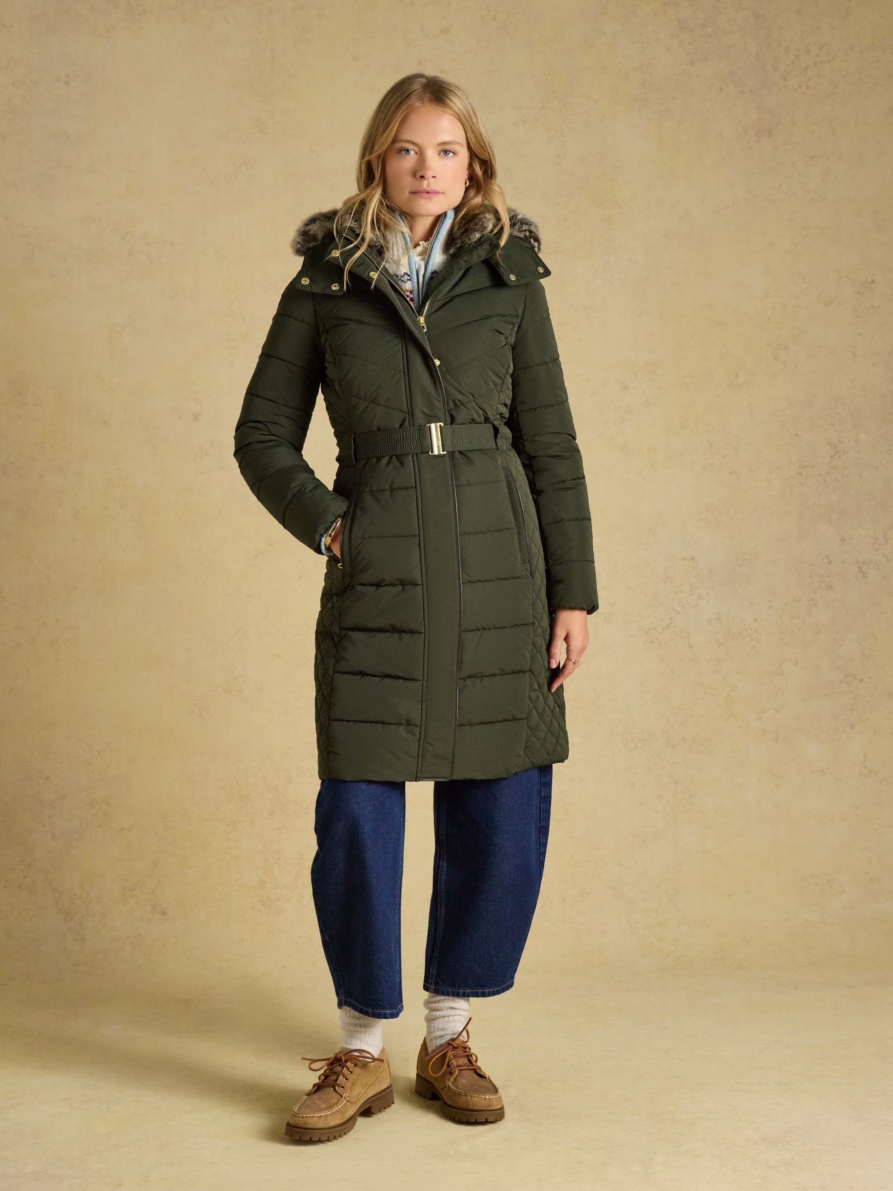 Aspen Green Showerproof Longline Padded Coat with Faux Fur Hood - Image 1 of 13