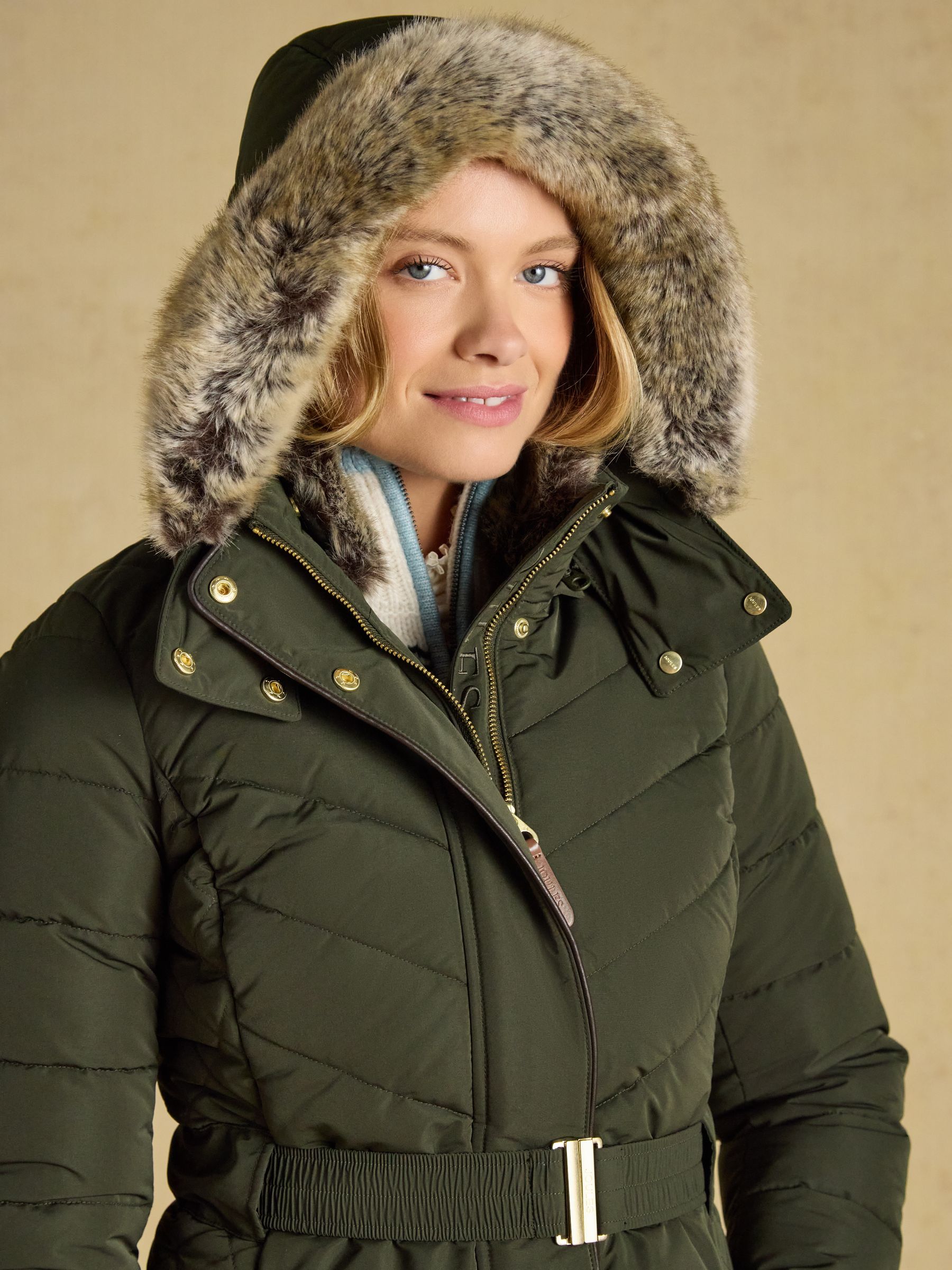 Aspen Green Showerproof Longline Padded Coat with Faux Fur Hood - Image 3 of 13
