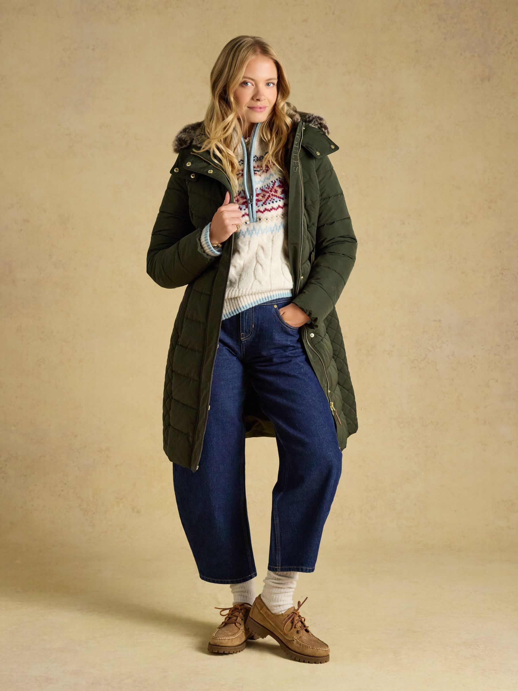 Aspen Green Showerproof Longline Padded Coat with Faux Fur Hood - Image 5 of 13