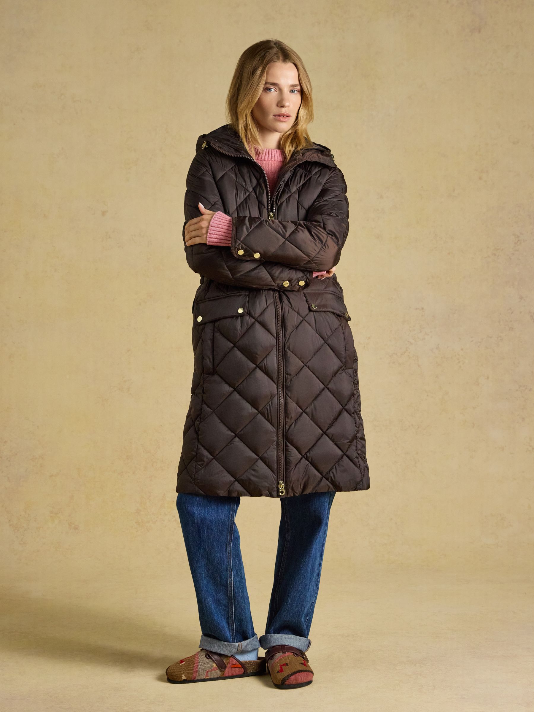 Chessington Chocolate Brown Showerproof Longline Diamond Quilted Coat with Hood - Image 1 of 10 Chessington Chocolate Brown Showerproof Longline Diamond Quilted Coat with Hood - Image 1 of 10