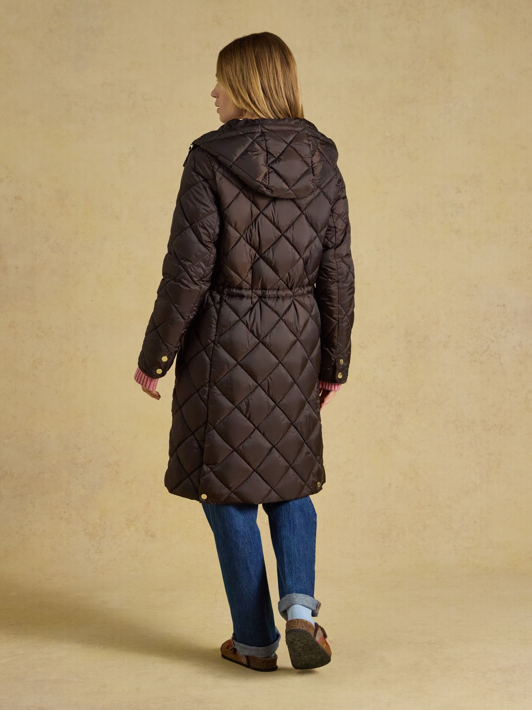Chessington Chocolate Brown Showerproof Longline Diamond Quilted Coat with Hood - Image 2 of 10
