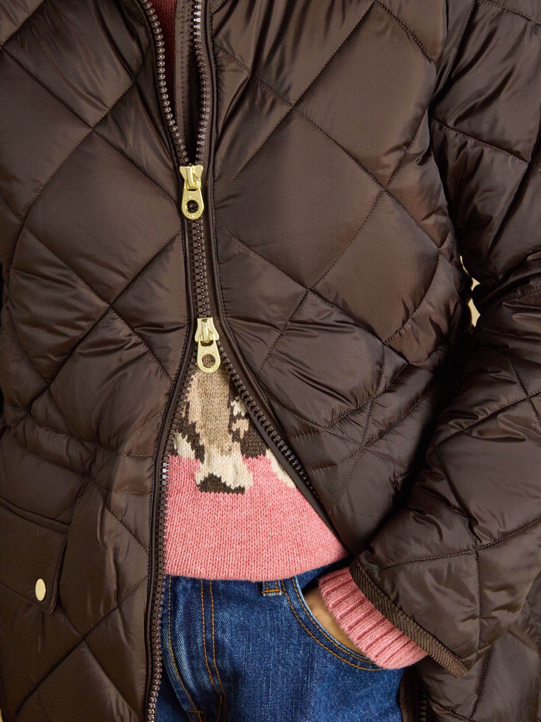 Chessington Chocolate Brown Showerproof Longline Diamond Quilted Coat with Hood - Image 5 of 10