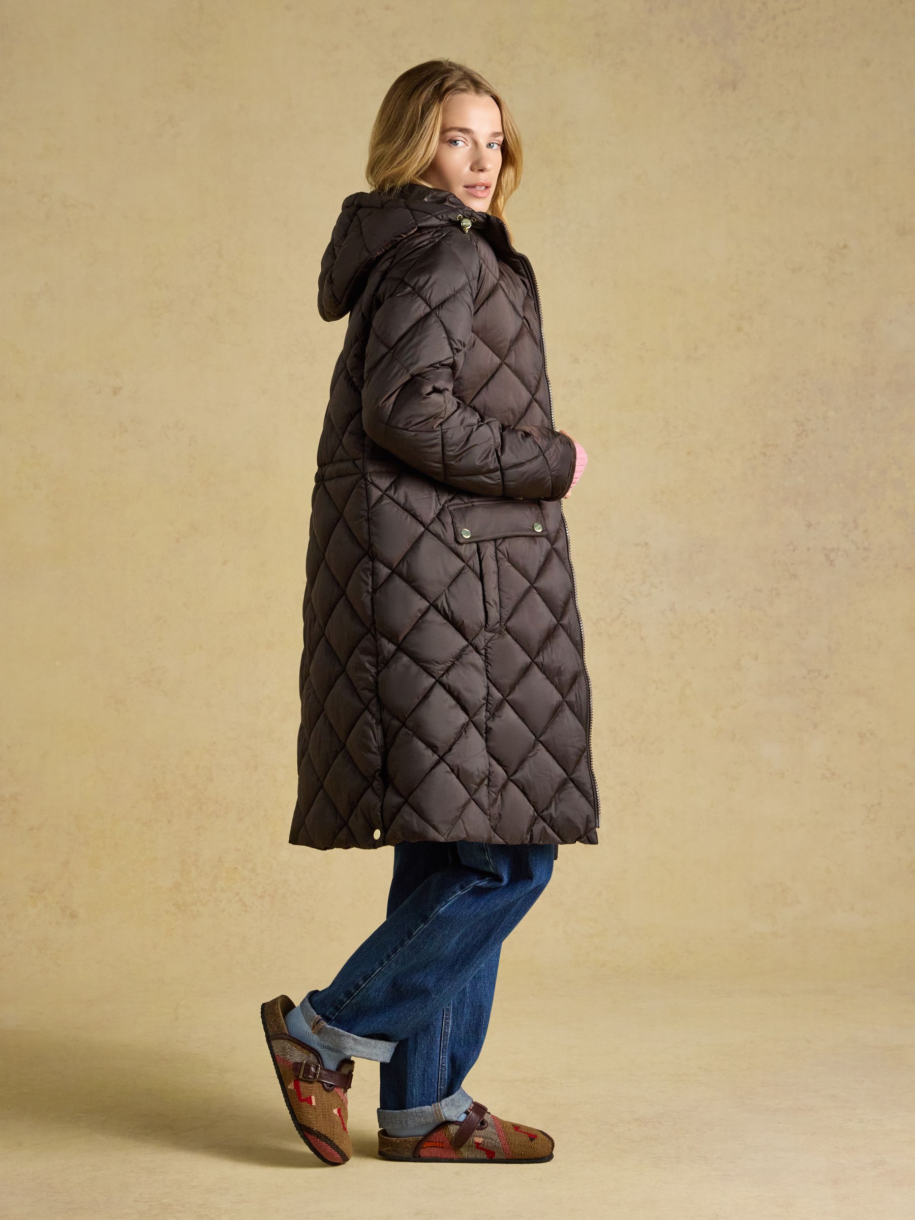 Chessington Chocolate Brown Showerproof Longline Diamond Quilted Coat with Hood - Image 6 of 10