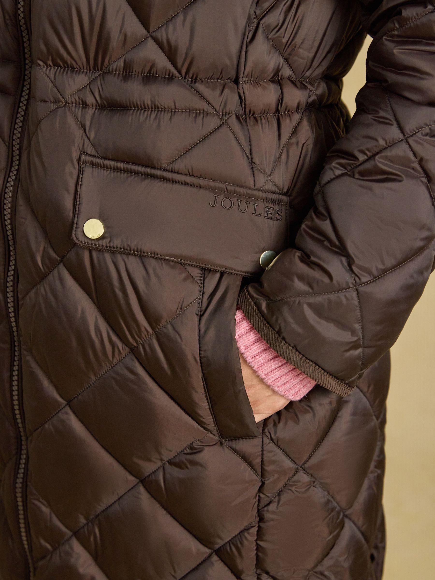 Chessington Chocolate Brown Showerproof Longline Diamond Quilted Coat with Hood - Image 9 of 10