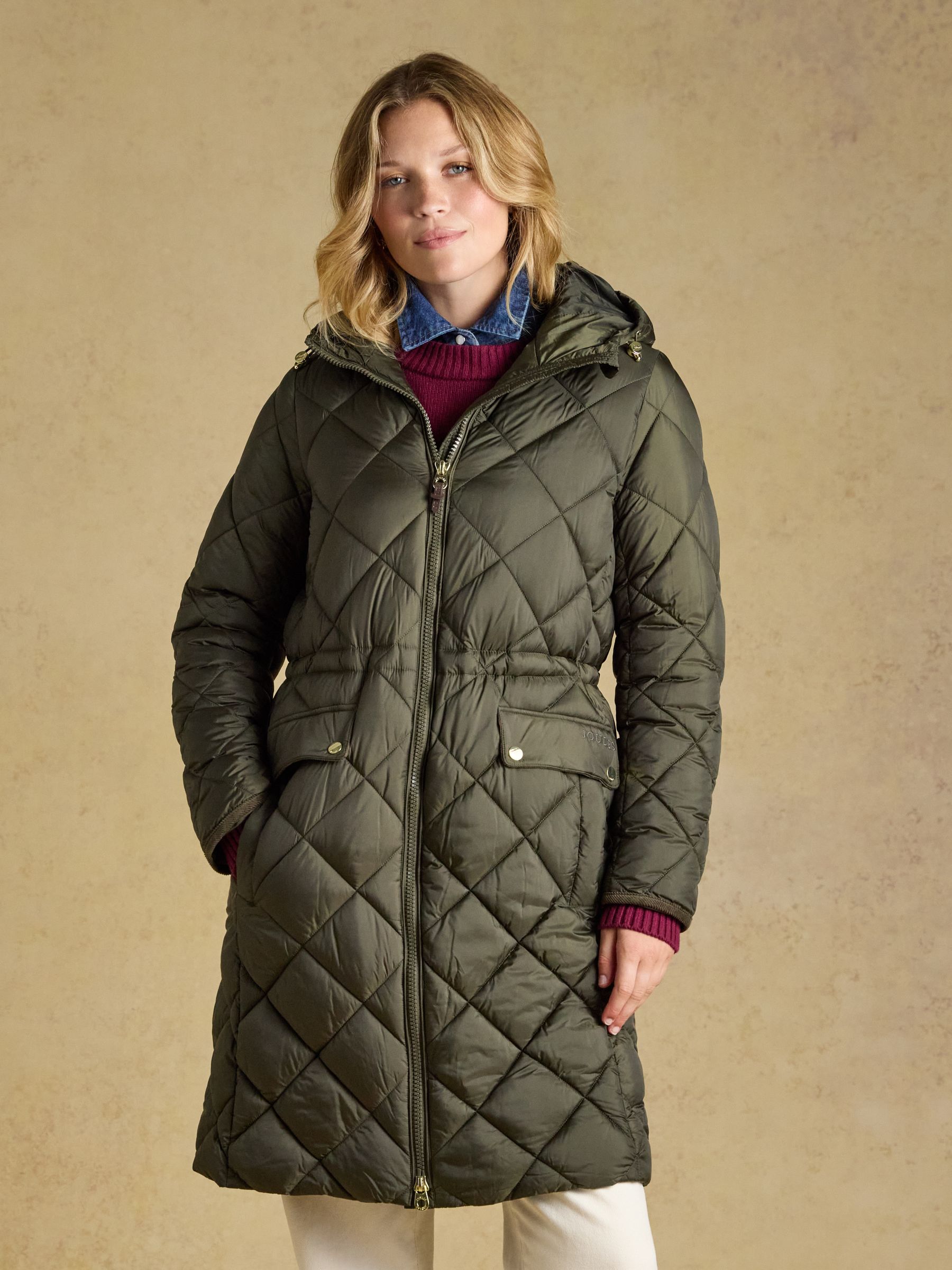 Chessington Green Showerproof Longline Diamond Quilted Coat with Hood - Image 1 of 11