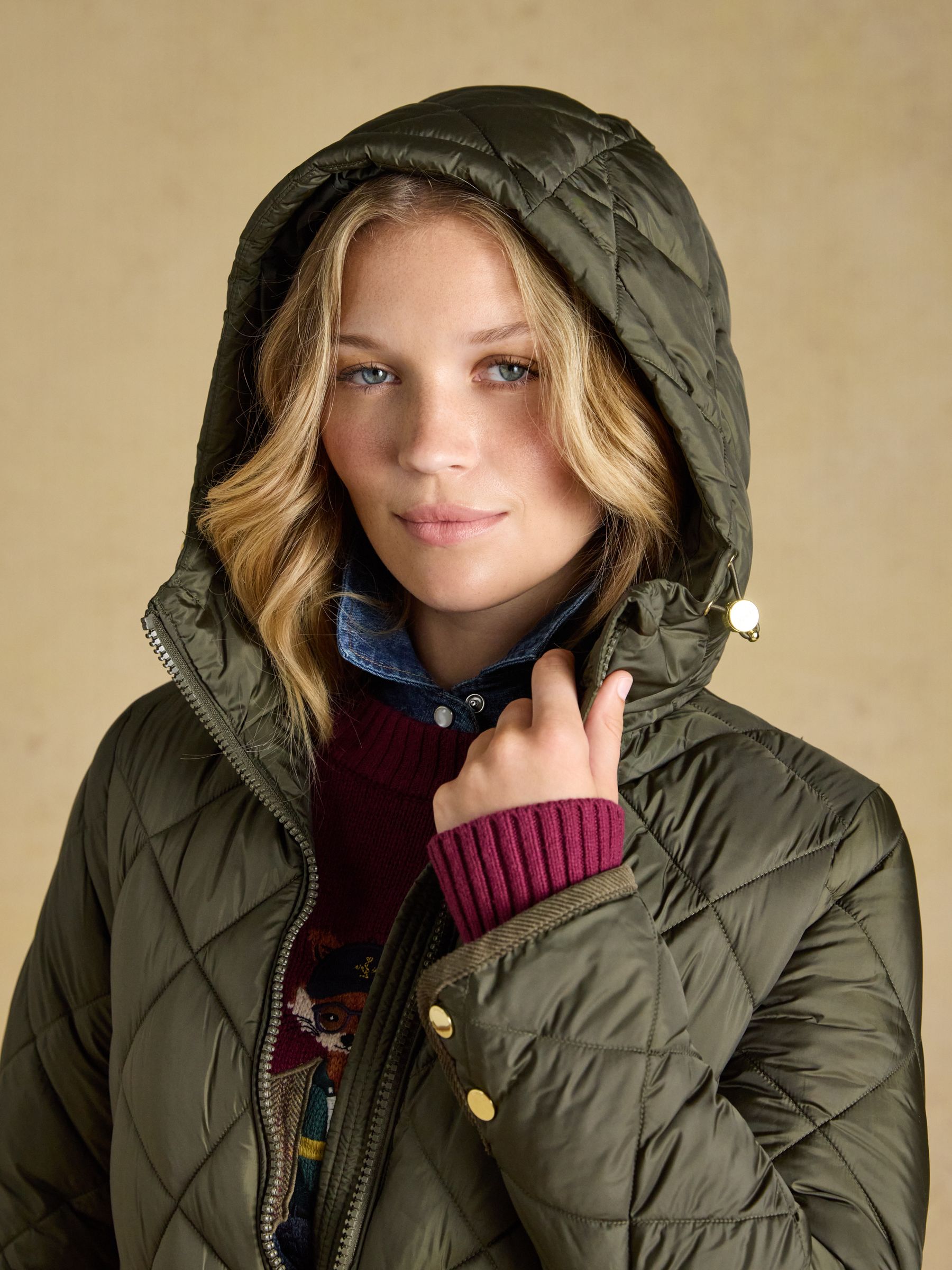 Chessington Green Showerproof Longline Diamond Quilted Coat with Hood - Image 3 of 11