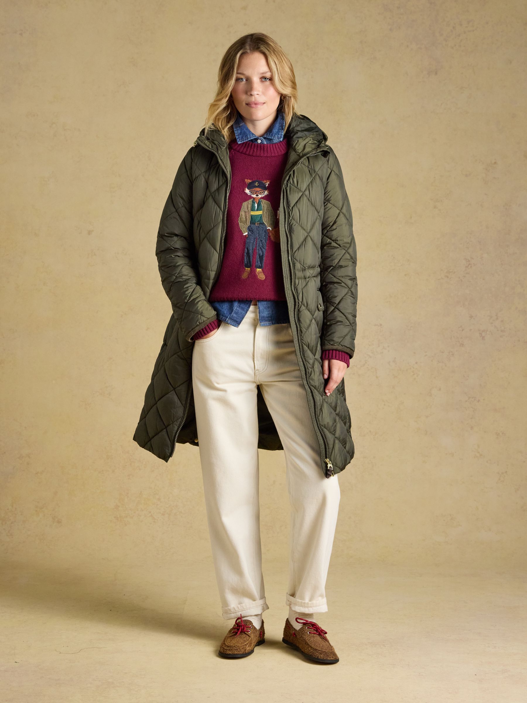 Chessington Green Showerproof Longline Diamond Quilted Coat with Hood - Image 4 of 11