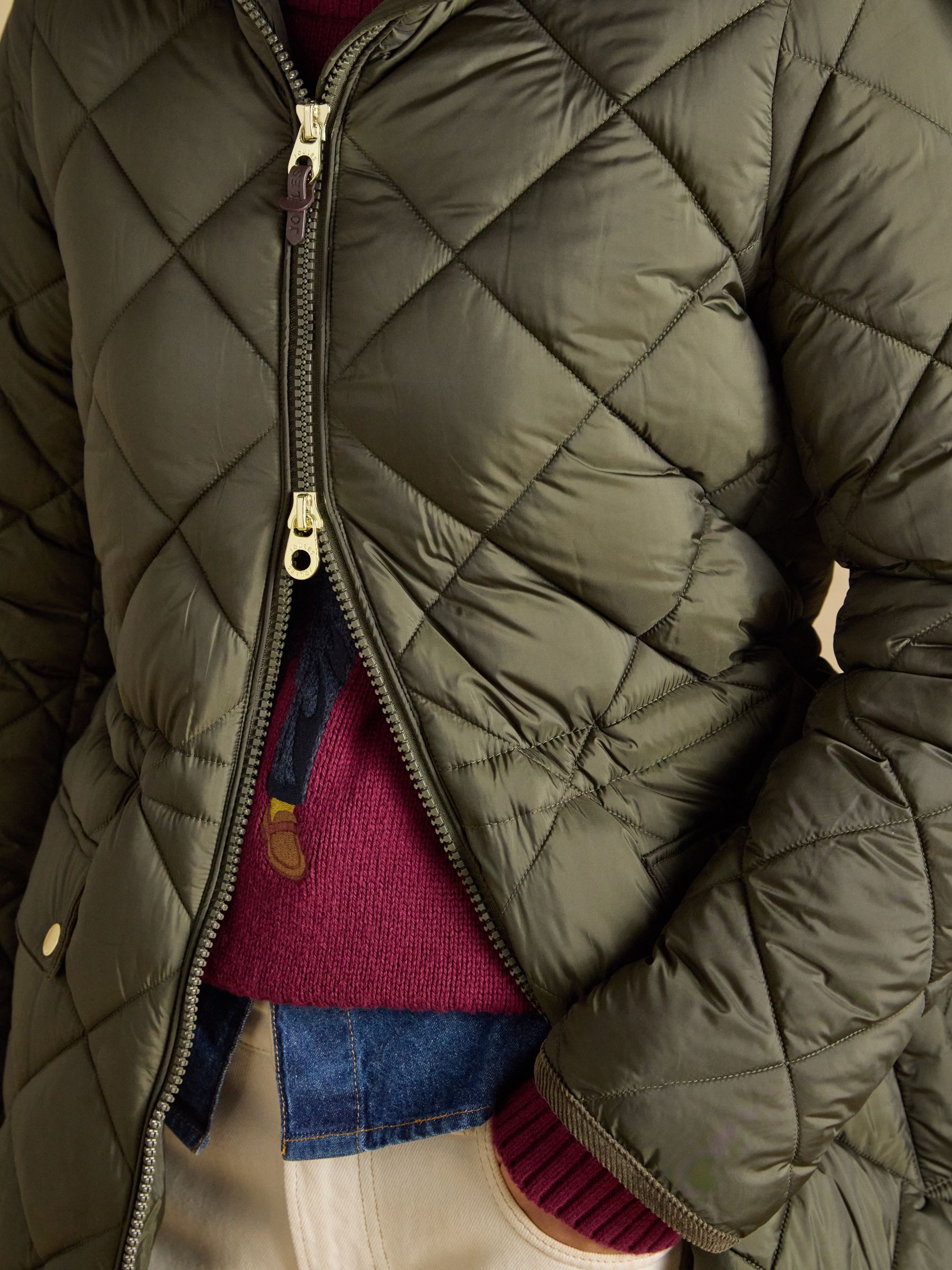 Chessington Green Showerproof Longline Diamond Quilted Coat with Hood - Image 5 of 11