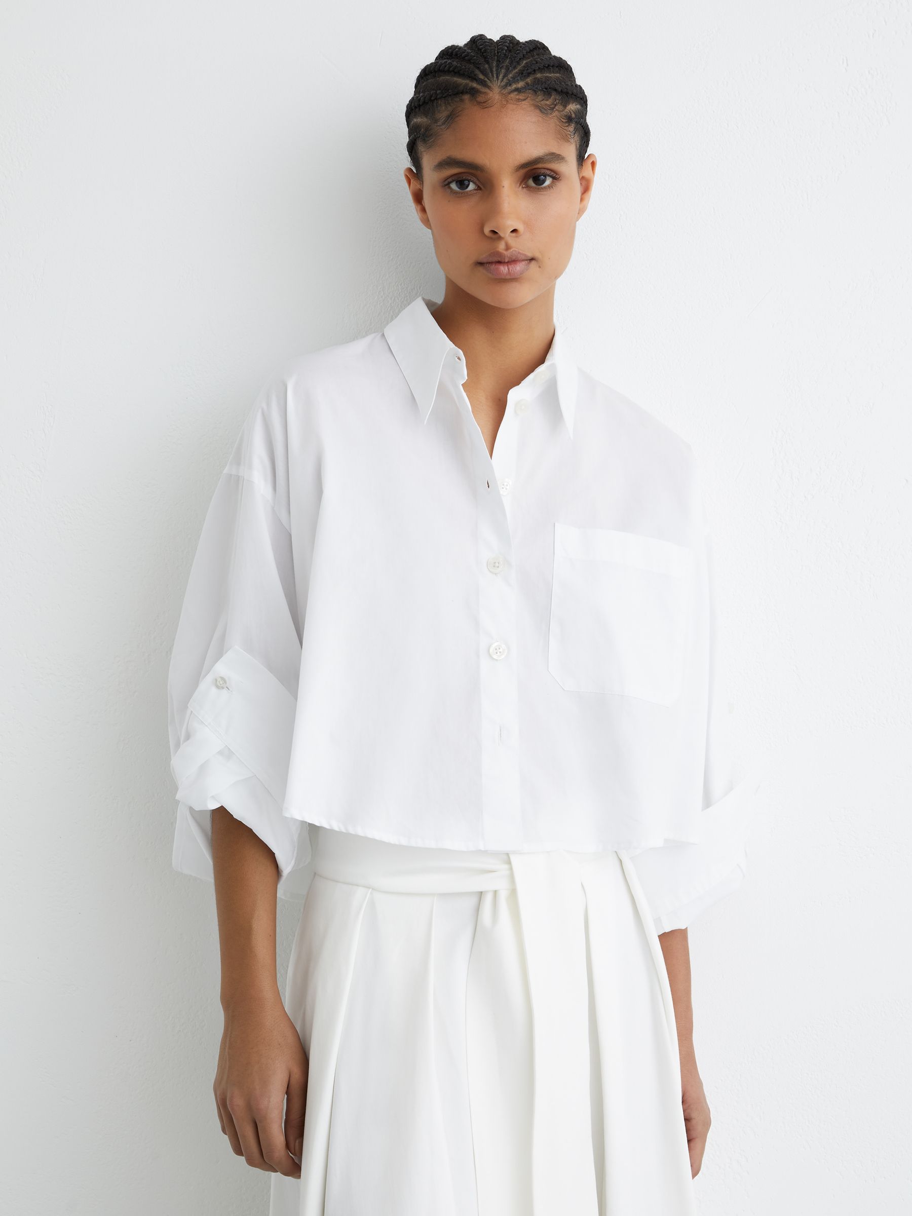 Cotton Cropped Long-Sleeve Shirts in White - Image 1 of 6