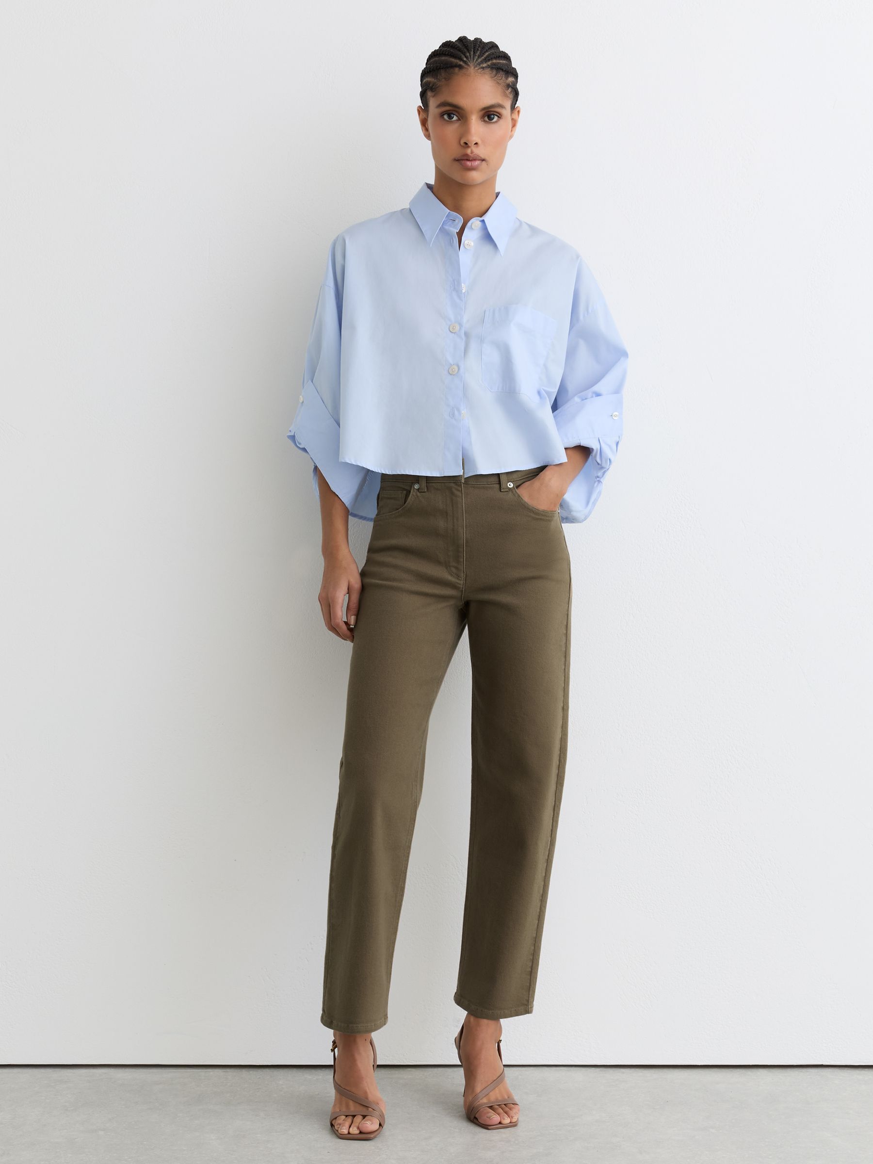 Mid-Rise Straight-Leg Jeans in Khaki Green - Image 1 of 6 Mid-Rise Straight-Leg Jeans in Khaki Green - Image 1 of 6