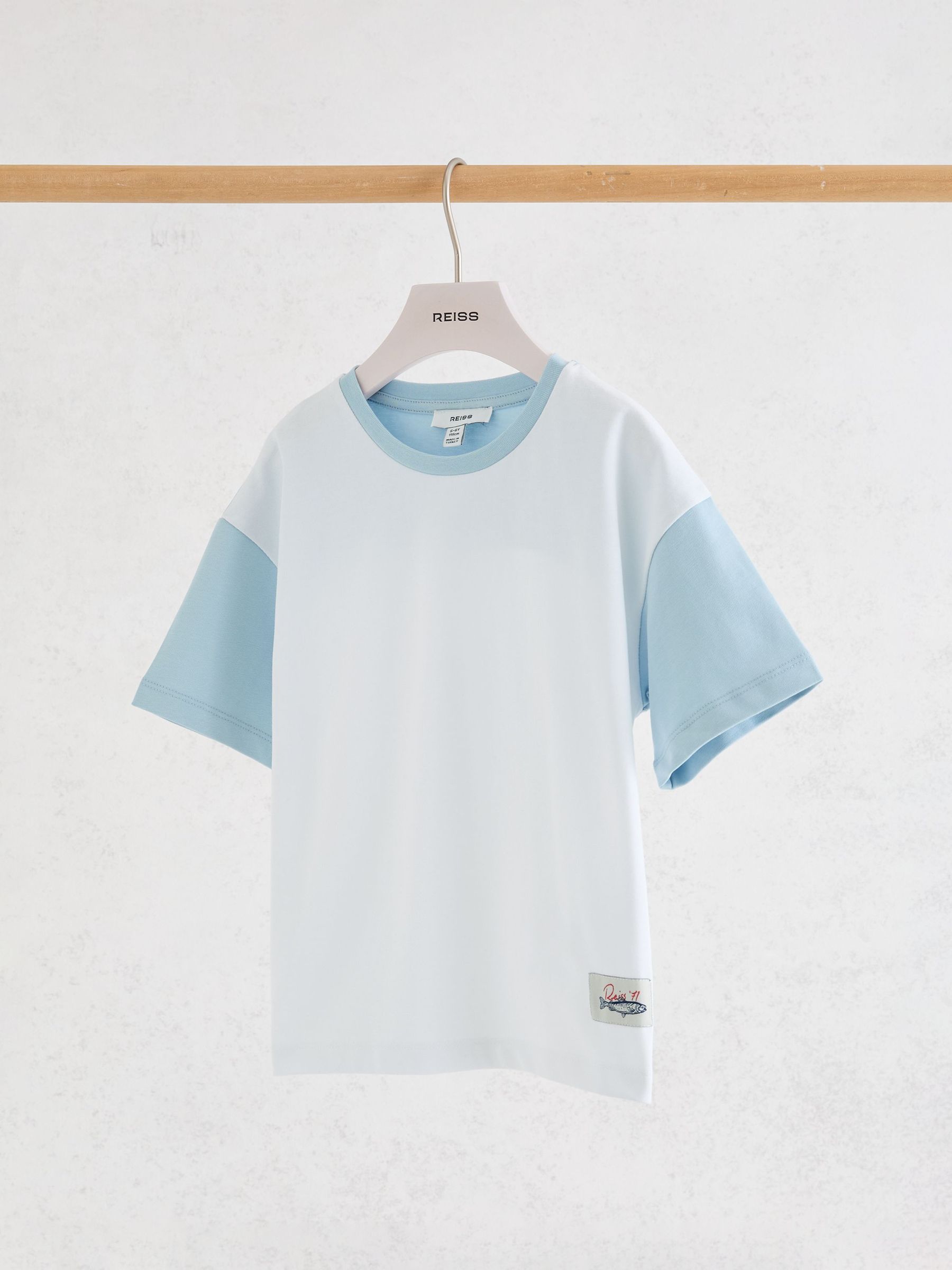 3-9 yrs Cotton Colour-Block Label T-Shirt in White/Pale Blue - Image 2 of 4