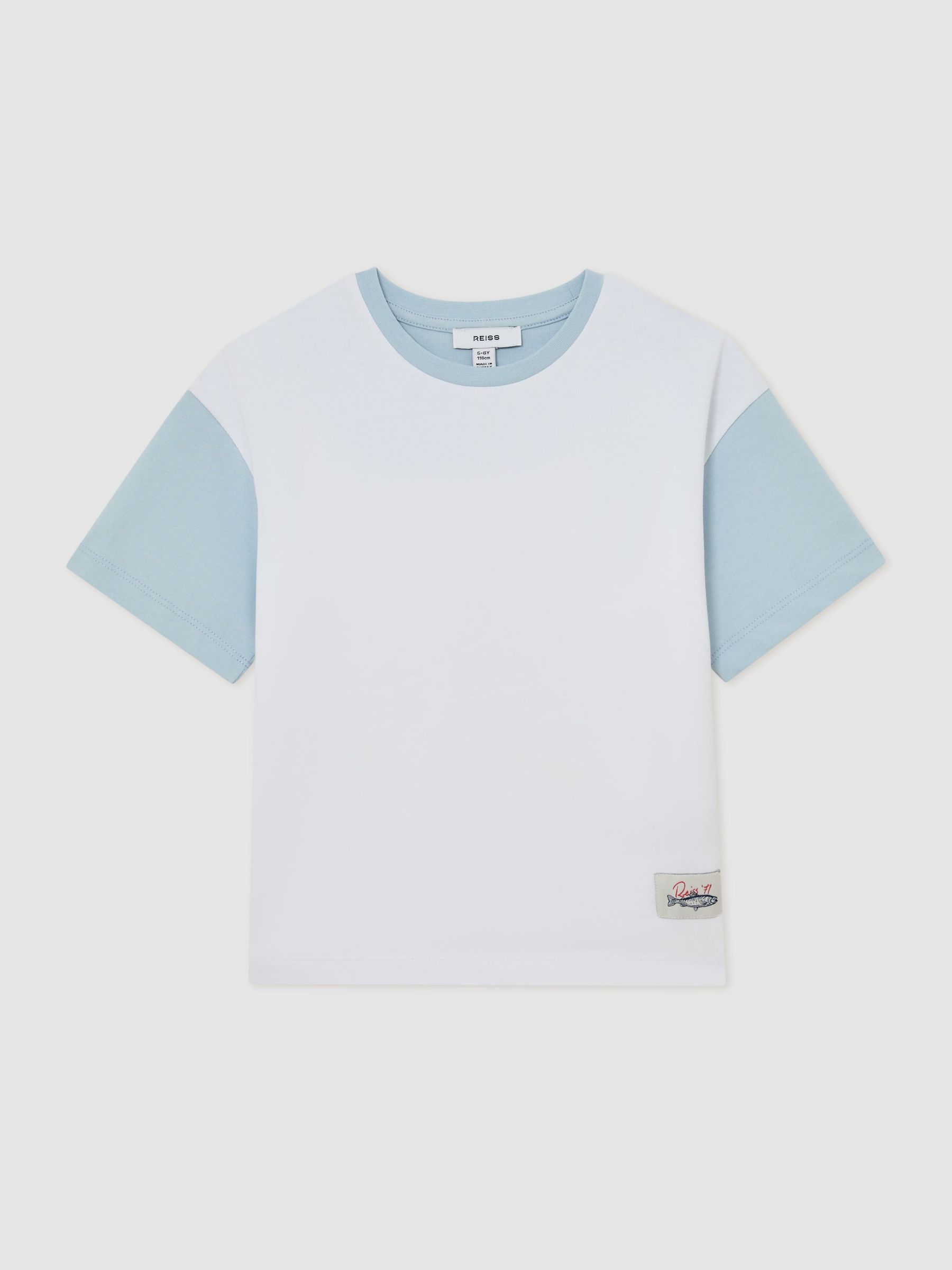 9-13 yrs Cotton Colour-Block Label T-Shirt in White/Pale Blue - Image 2 of 4