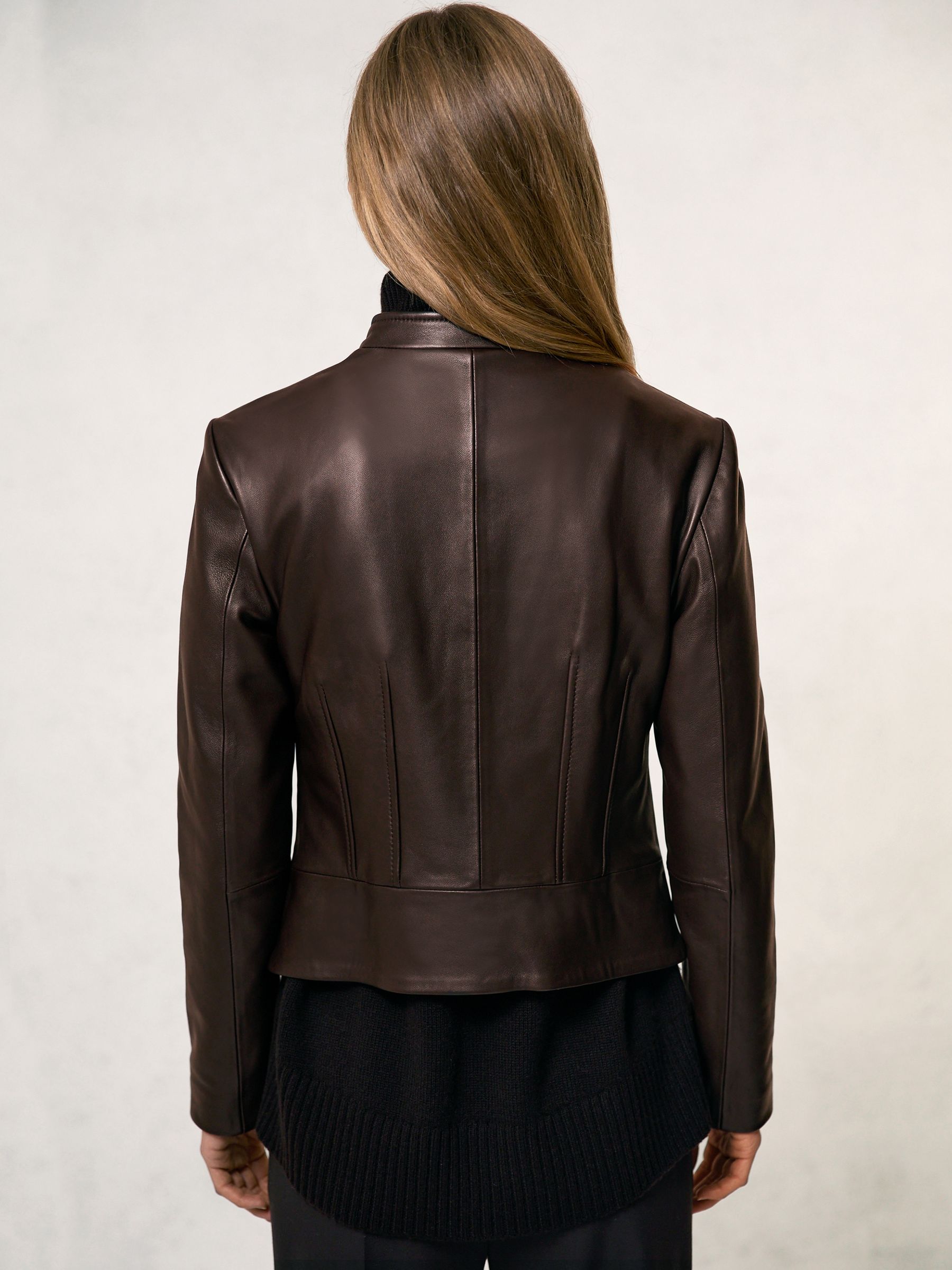Leather Collarless Biker Jacket in Chocolate Brown - Image 5 of 7