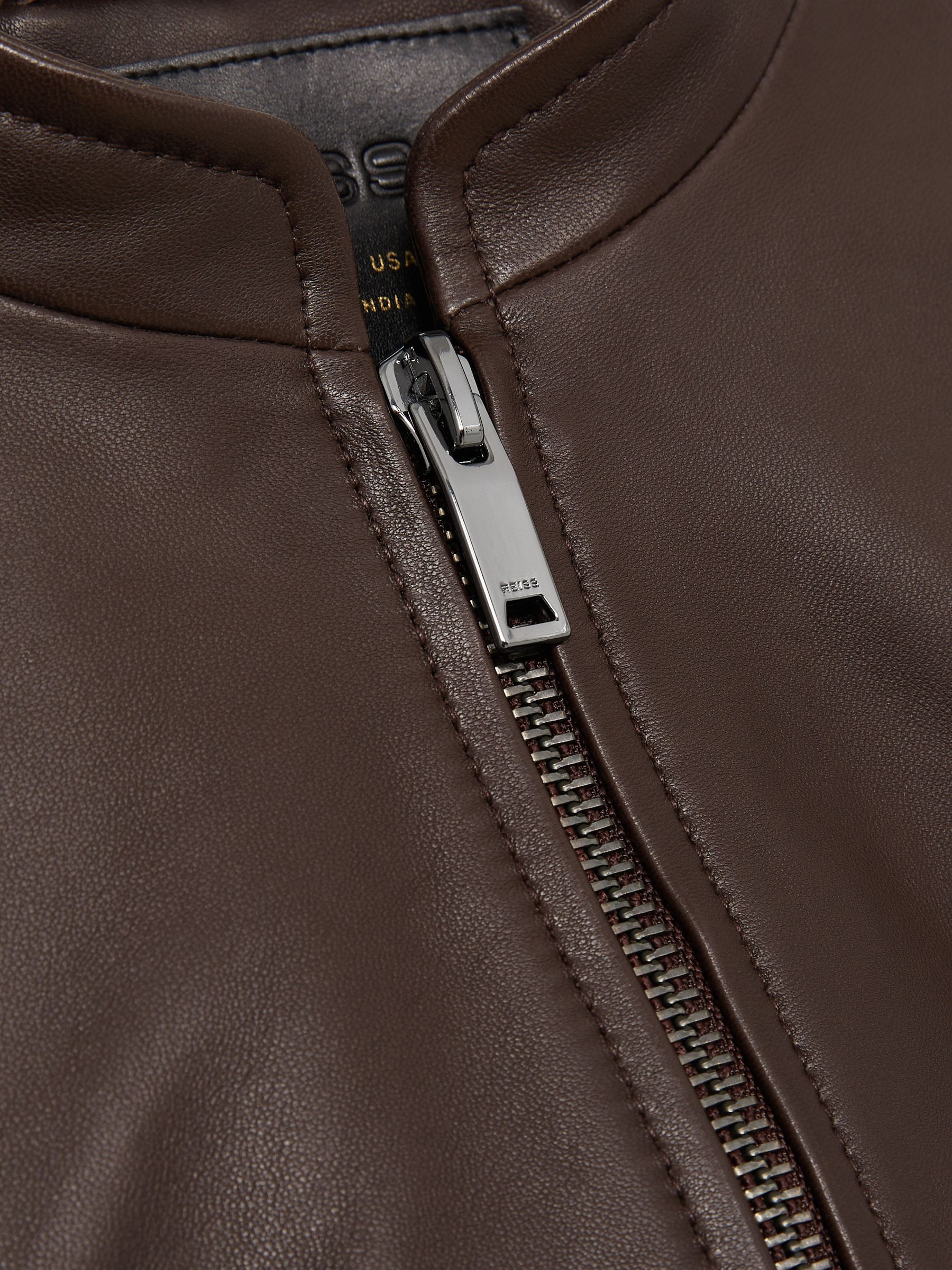 Petite Leather Collarless Biker Jacket in Chocolate Brown - image 4