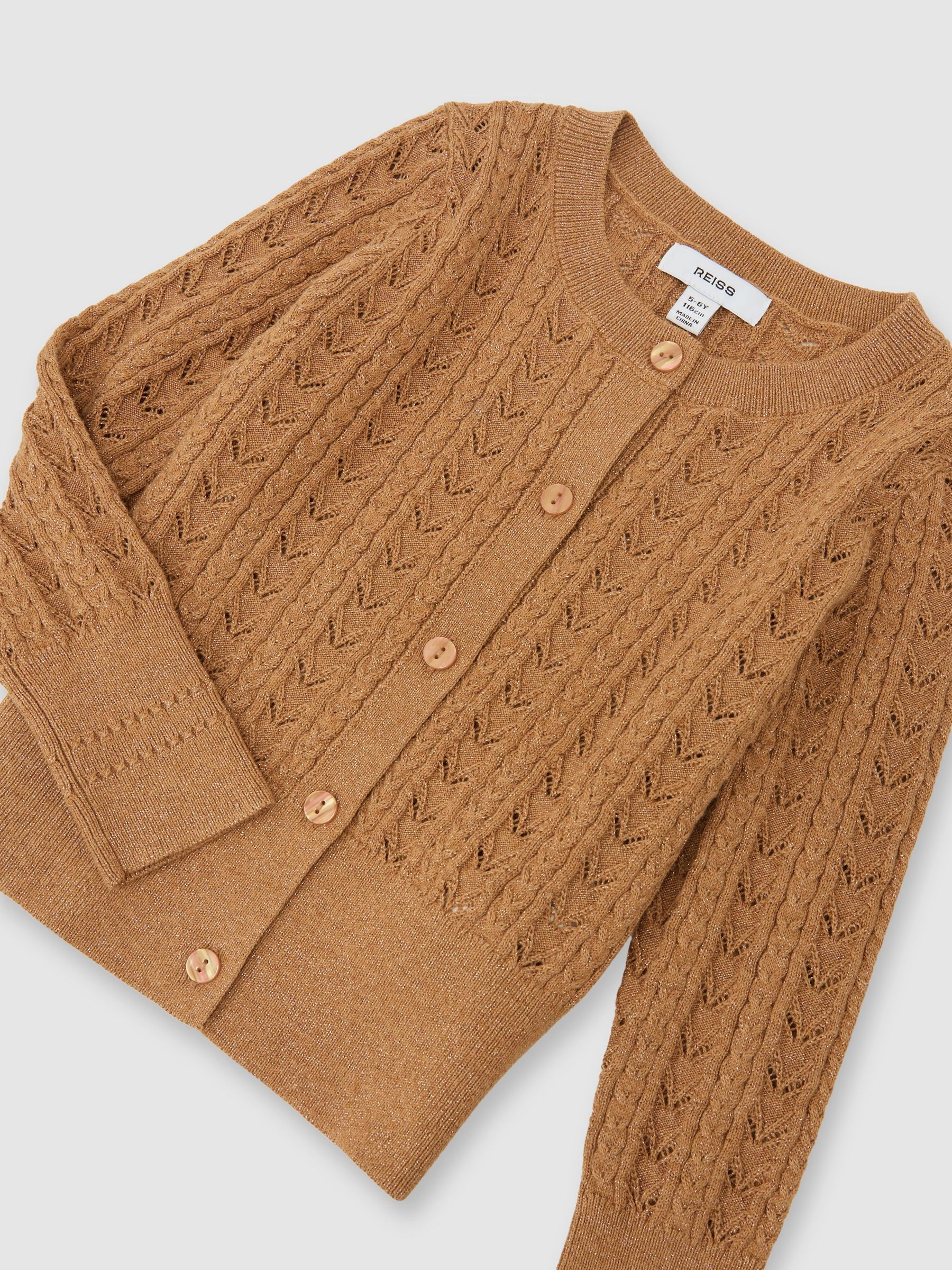 Cotton And Wool Blend Pointelle Cardigan in Bronze - Image 1 of 3
