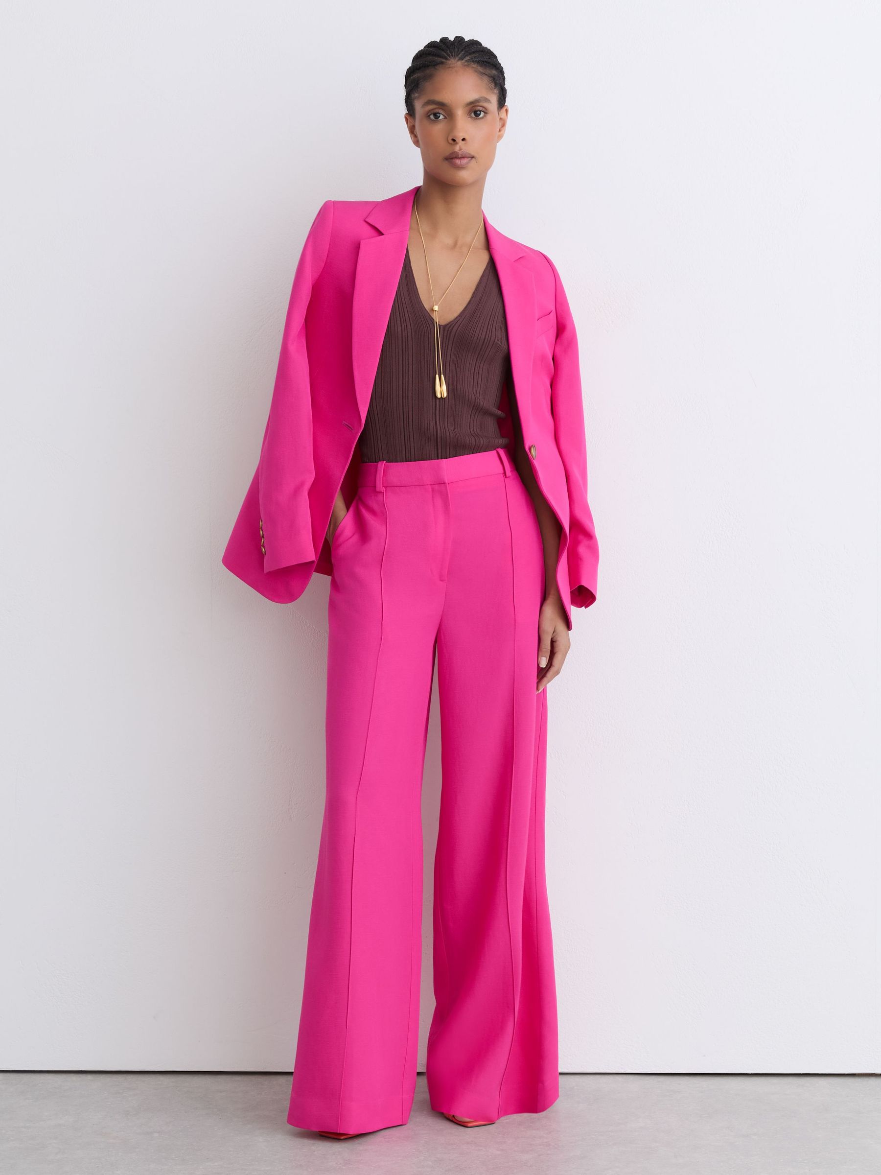 Wide-Leg Pintuck Trousers with Linen in Pink - Image 1 of 7 Wide-Leg Pintuck Trousers with Linen in Pink - Image 1 of 7