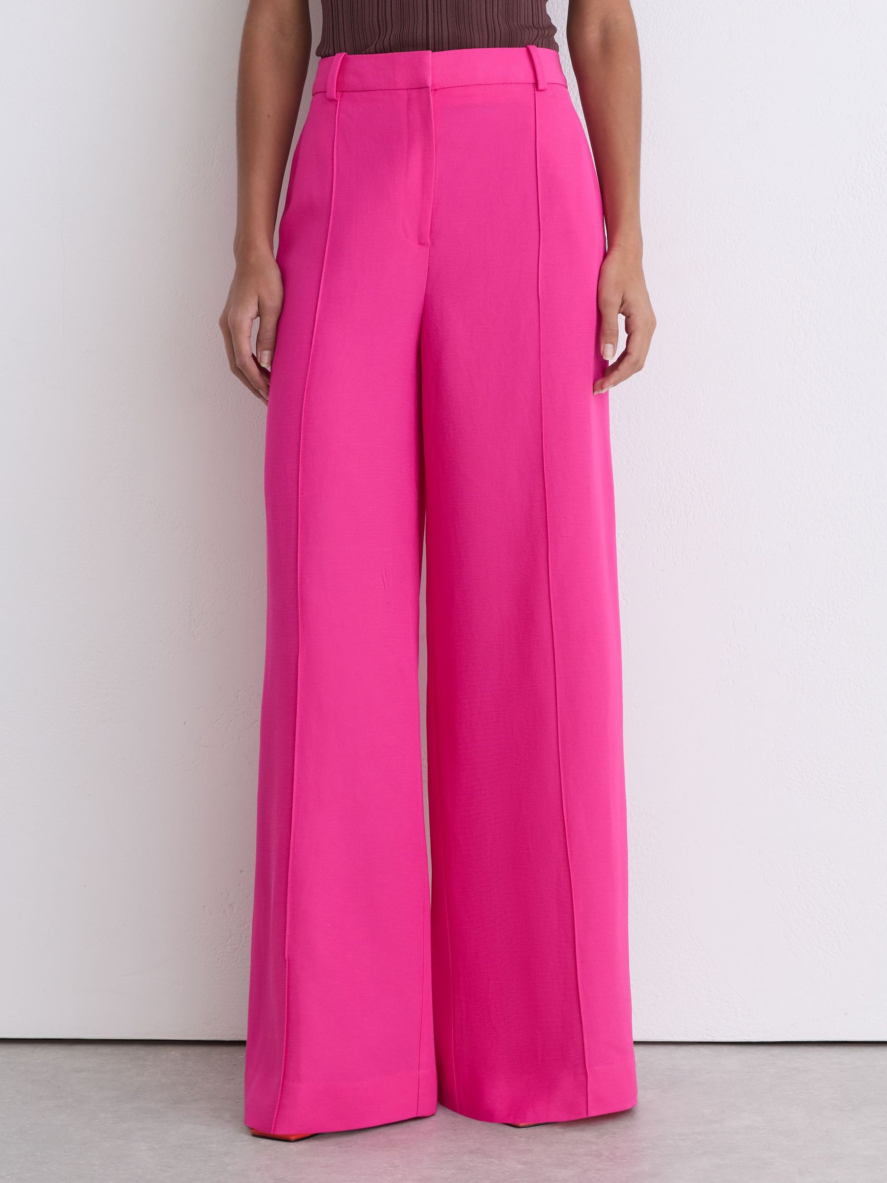 Wide-Leg Pintuck Trousers with Linen in Pink - Image 3 of 7