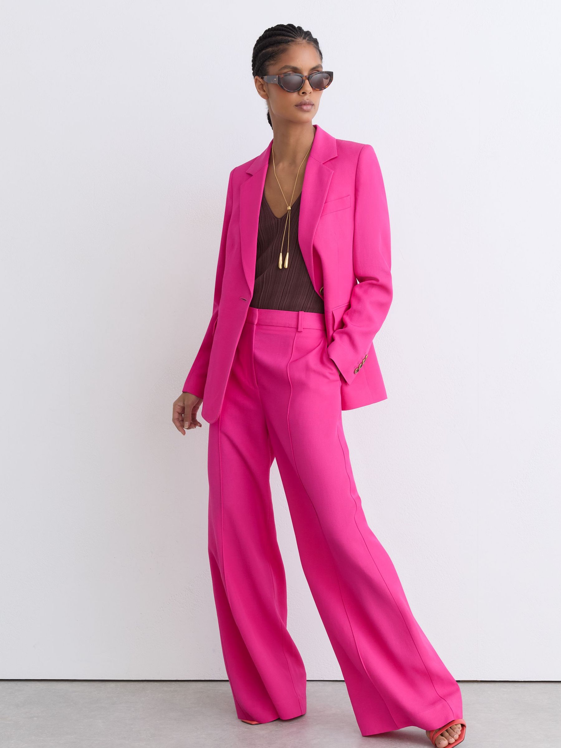 Wide-Leg Pintuck Trousers with Linen in Pink - Image 5 of 7