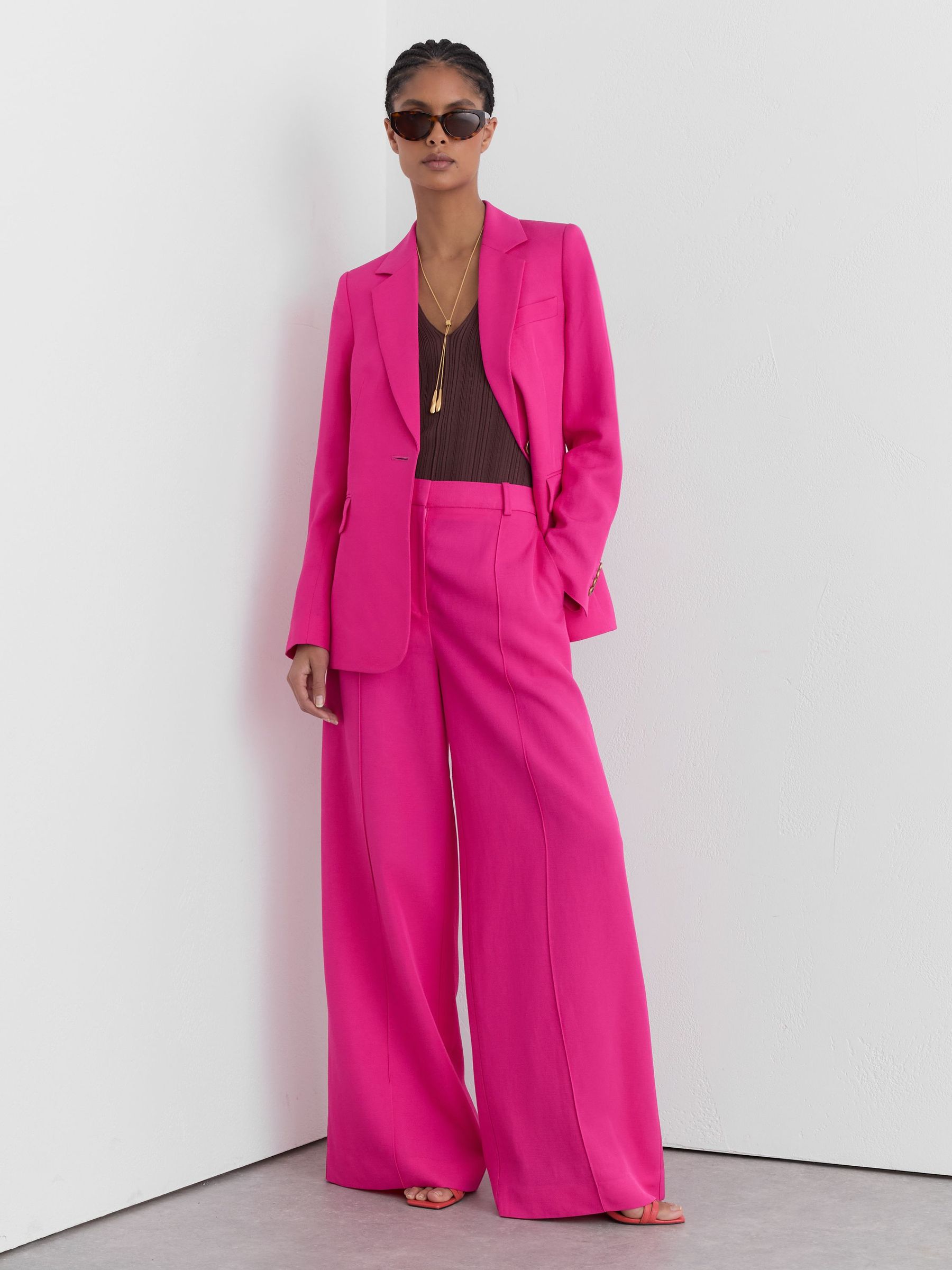 Petite Wide-Leg Pintuck Trousers with Linen in Pink - Image 1 of 9