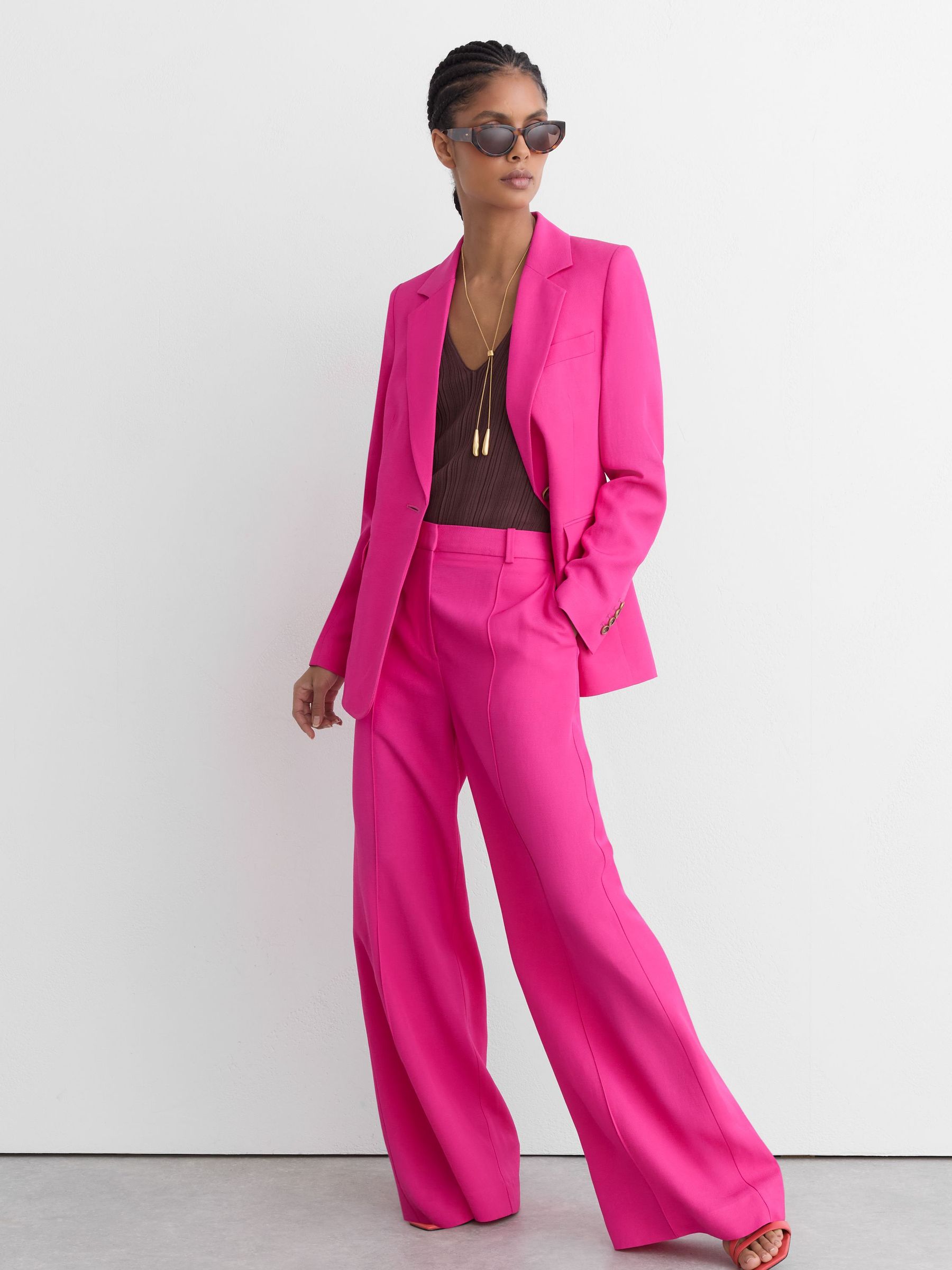 Petite Wide-Leg Pintuck Trousers with Linen in Pink - Image 4 of 9