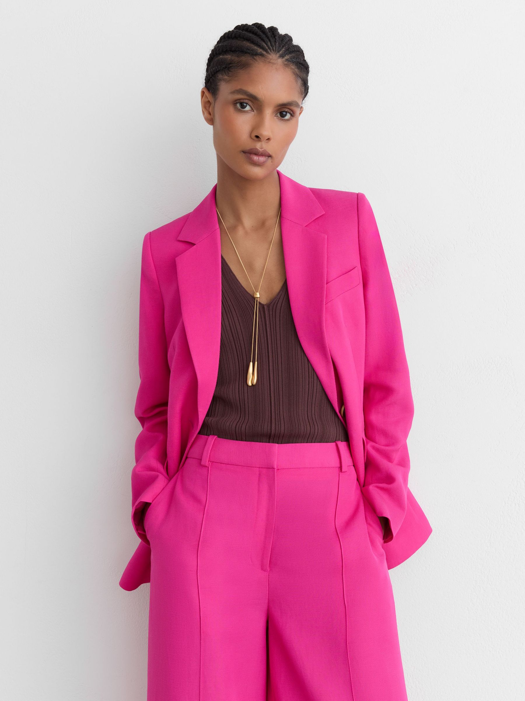 Reiss Petite Wide-Leg Pintuck Trousers with Linen in Pink | REISS