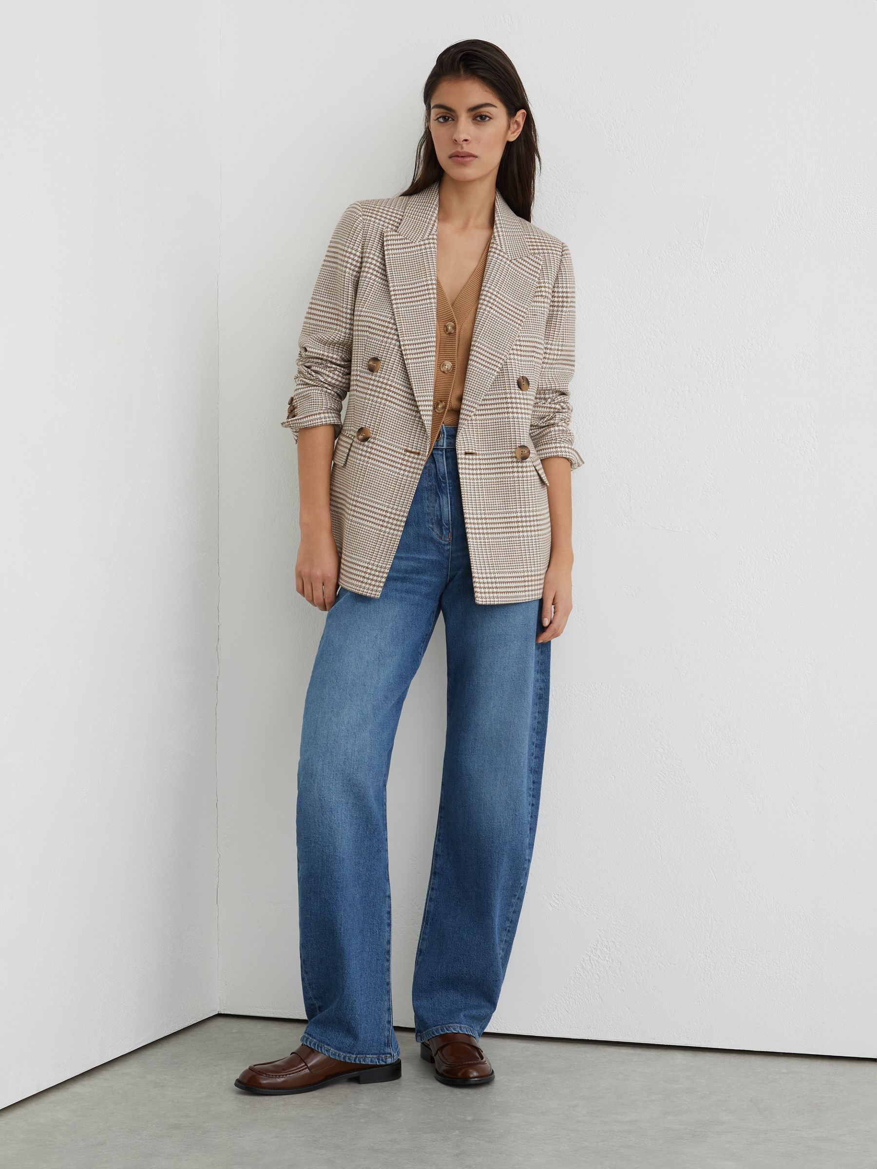 Double-Breasted Check Blazer Cotton-Linen in Neutral - image 4